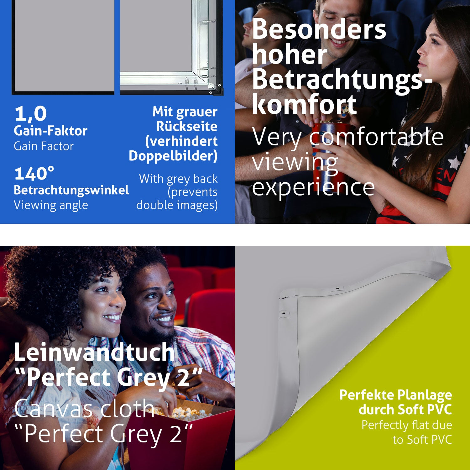 Das Bild zeigt Leute im Kino, Text beschreibt Produkteigenschaften und eine Nahaufnahme einer Ecke des Bildschirms.