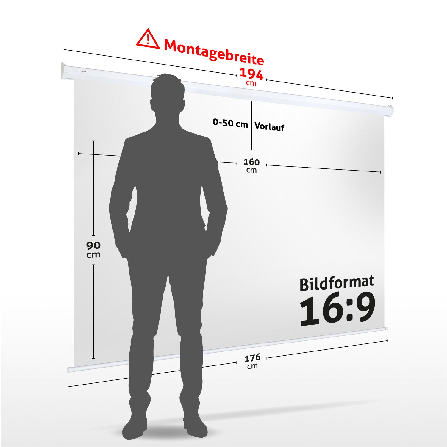Eine Männersilhouette steht vor einer weißen Leinwand. Abmessungen sind auf der Leinwand markiert: 194 cm, 160 cm, 176 cm und 90 cm. Seitenverhältnis: 16:9.