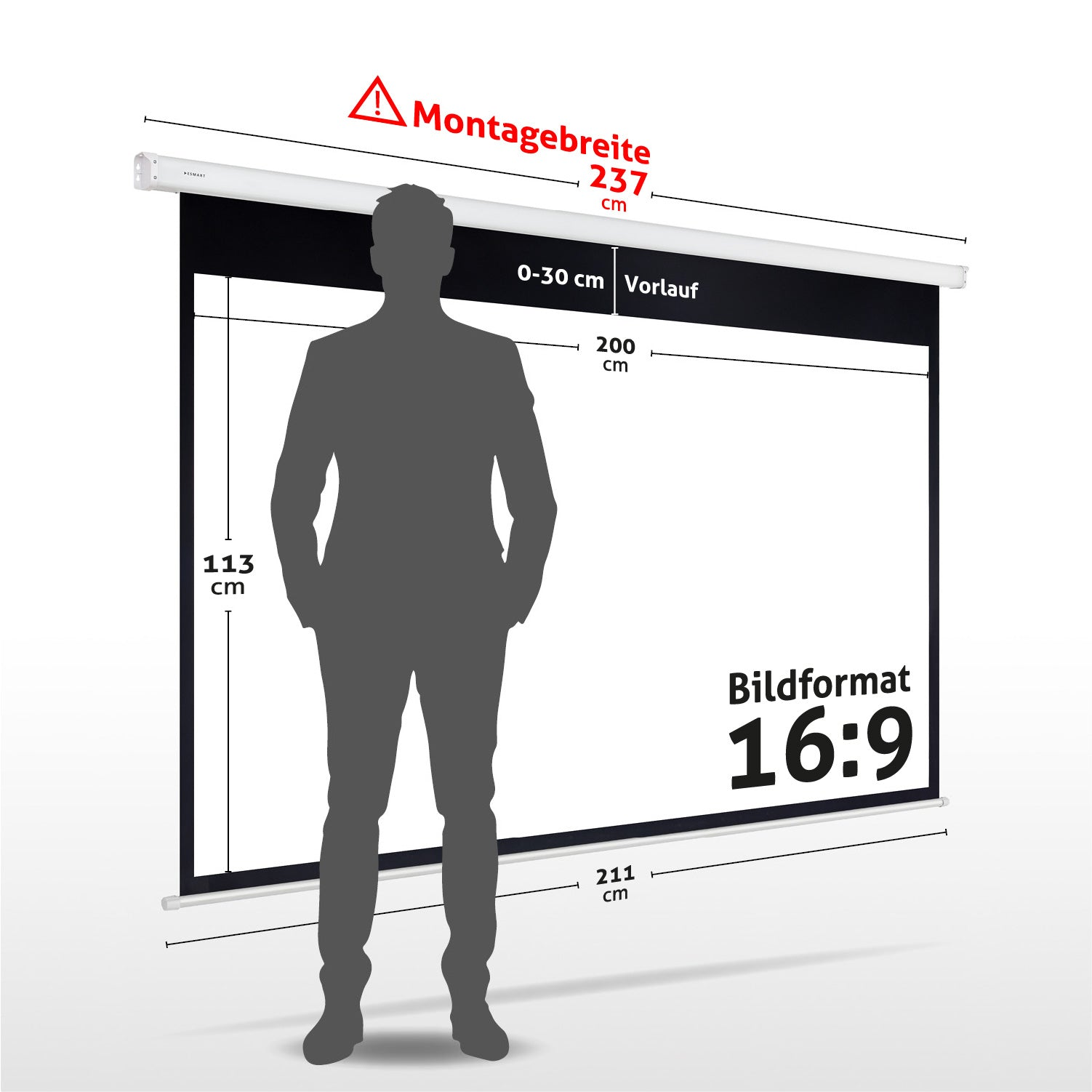 Ein Mann steht vor einer Projektionsleinwand. Text zeigt Abmessungen und Seitenverhältnis, einschließlich 237 cm, 200 cm, 16:9.