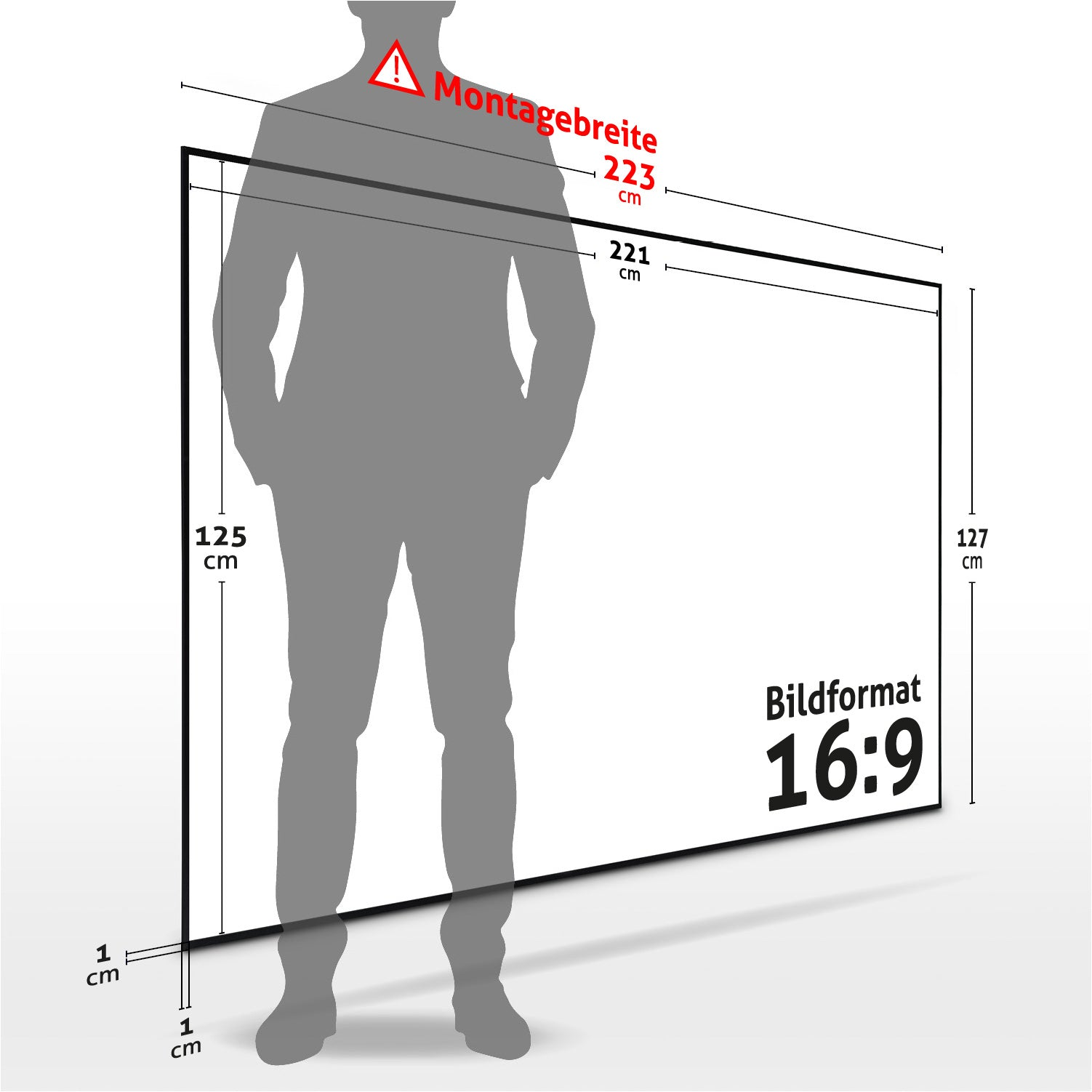 Ein Mann steht vor einer Leinwand. Maße und Warnhinweise sind beschriftet. Text: 'Bildformat 16:9'.