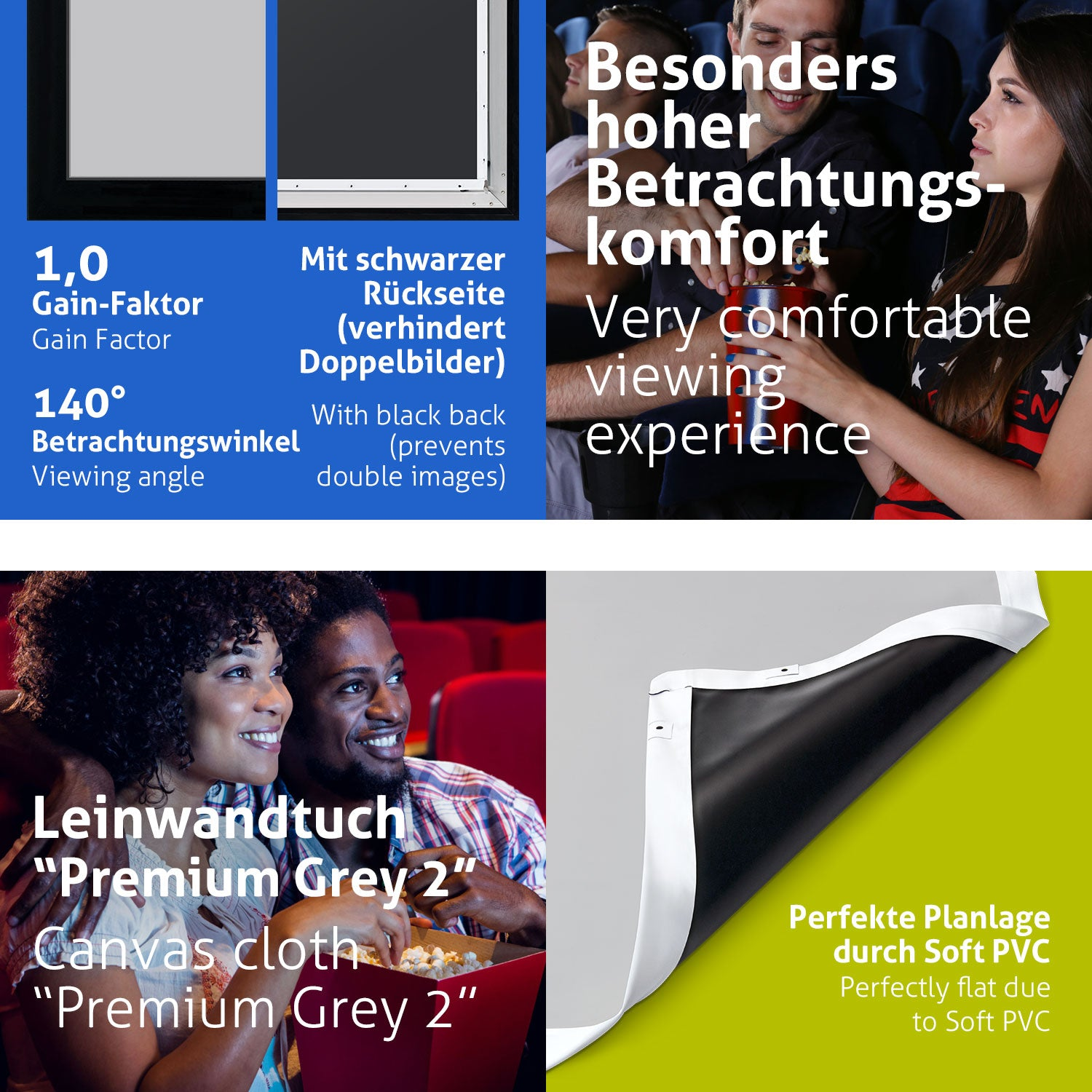 Das Bild zeigt Details eines Kinobildschirms, Menschen im Kino und Text über den Betrachtungswinkel und die Eigenschaften des Bildschirms.