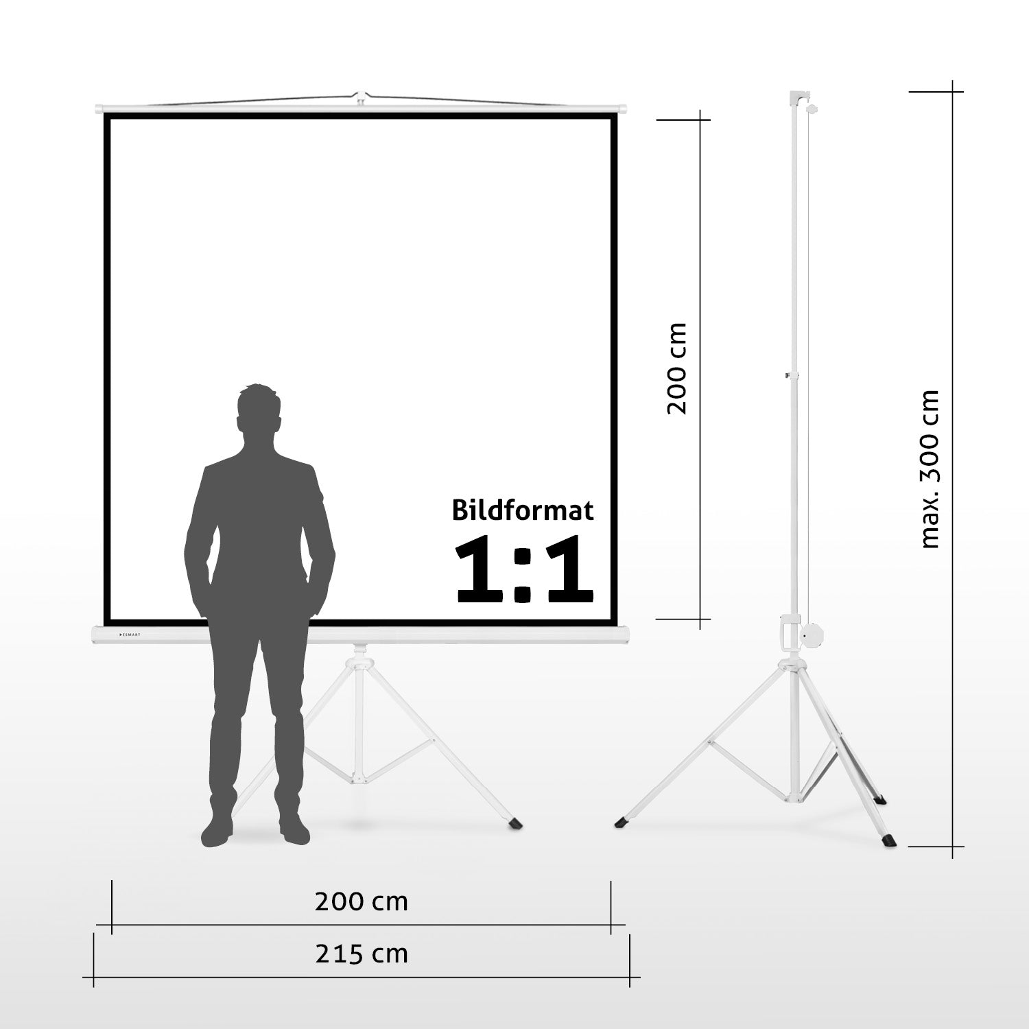 Ein Mann steht vor einer Leinwand. Abmessungen: 200 cm Bildschirm, 215 cm Breite und ein Ständer bis max. 300 cm.