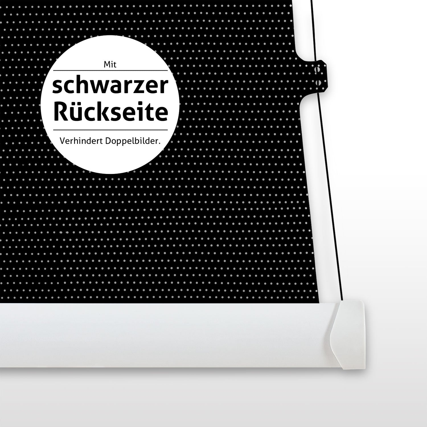 Das Bild zeigt eine schwarze, gepunktete Oberfläche mit einem weißen Kreis mit deutschem Text. Der Boden ist weiß.