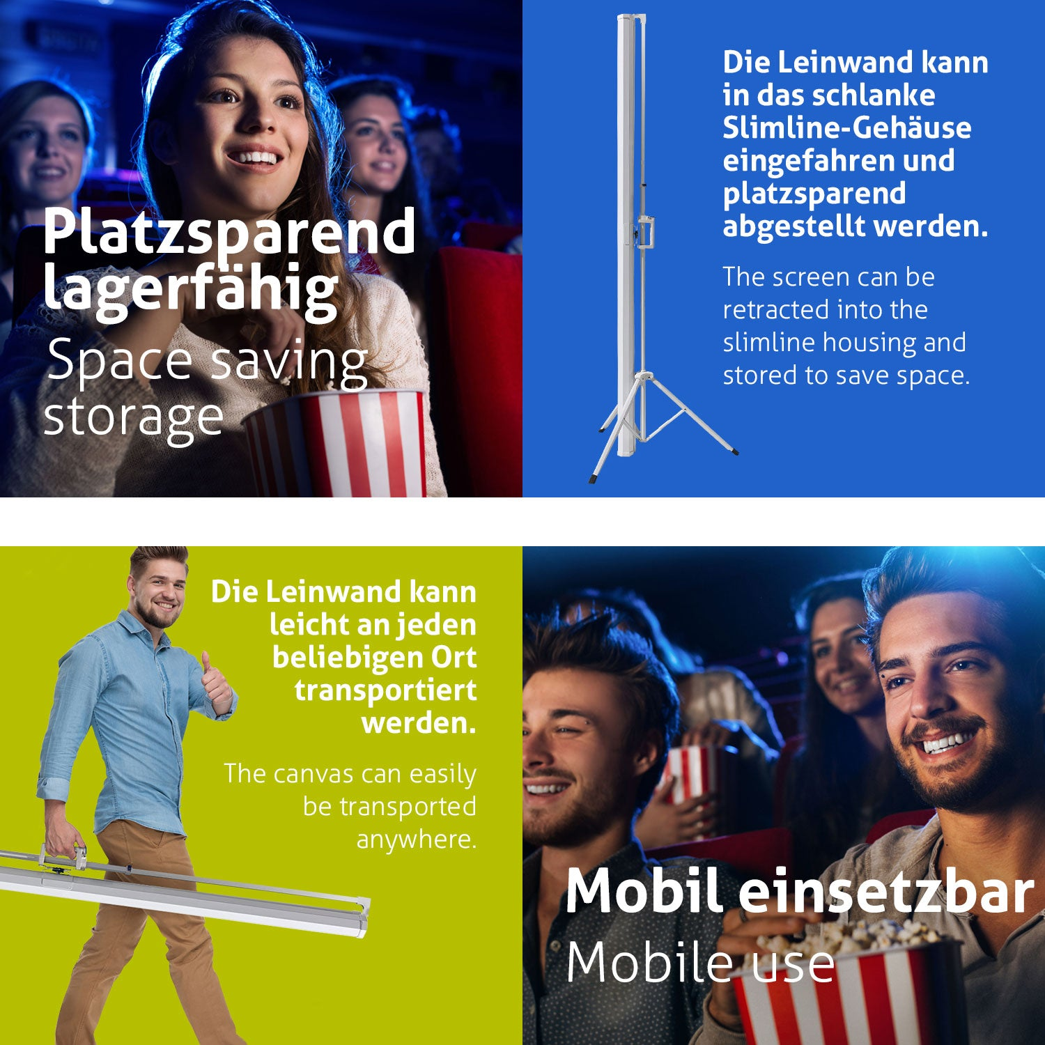 Leute in einem Kino, eine Leinwand und ein Mann, der eine Leinwand hält und den Daumen hochhält. Text sagt 'platzsparend'.