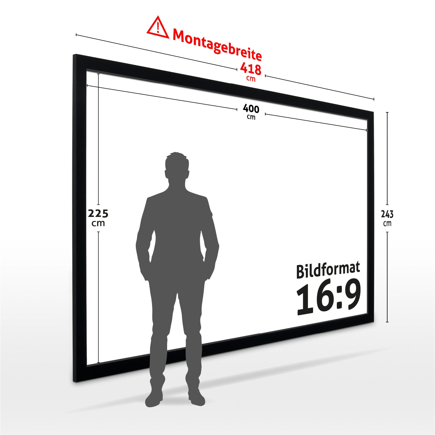 Ein Mann steht vor einer schwarz gerahmten Leinwand mit Maßangaben. Der Bildschirm zeigt 'Bildformat 16:9'.