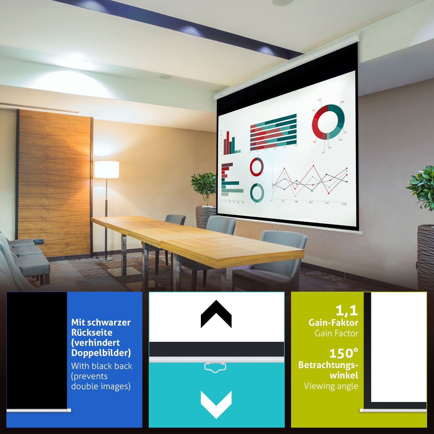 Ein Konferenzraum mit einer Projektorleinwand mit Diagrammen. Ein langer Tisch mit Stühlen, eine Holzwand und Pflanzen sind sichtbar.