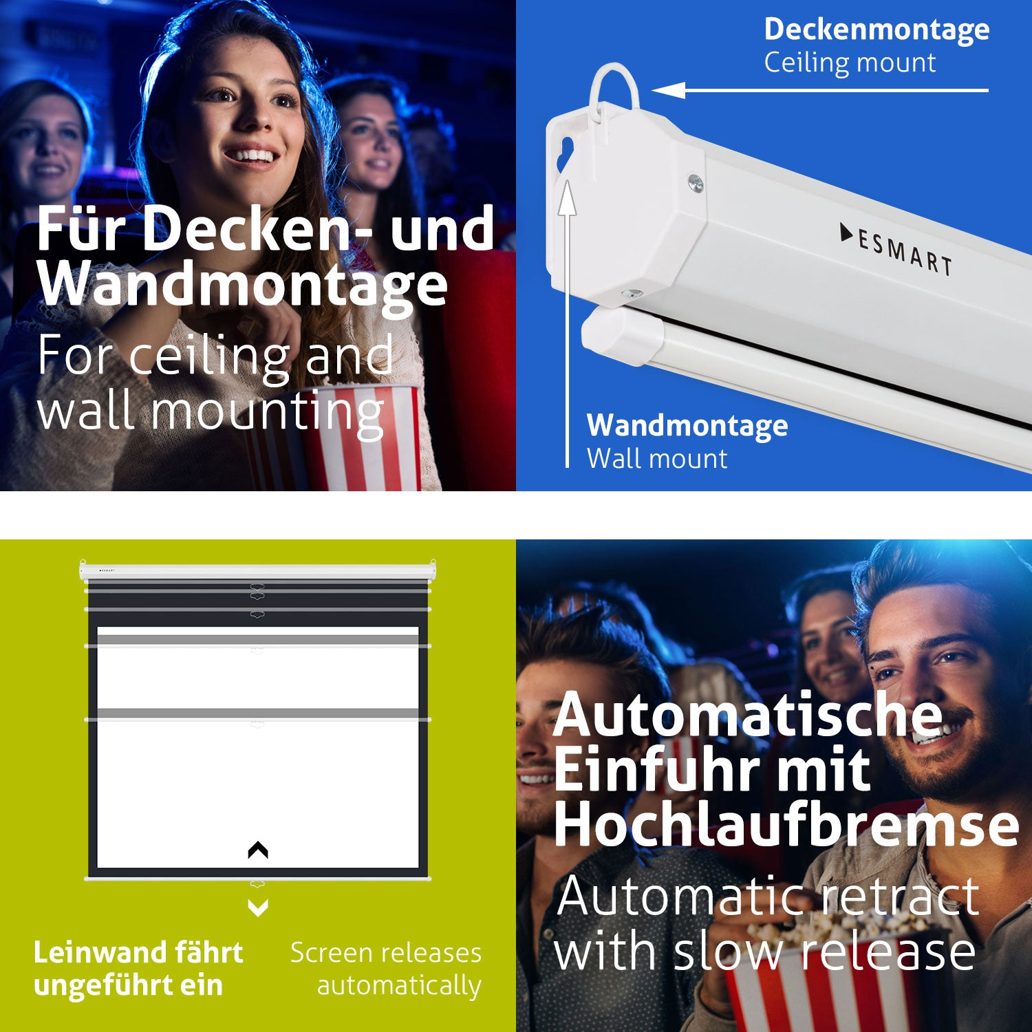 Das Bild zeigt Kinobesucher, eine Projektorhalterung und eine Projektorleinwand mit Texten zu Funktionen wie automatischem Einzug.