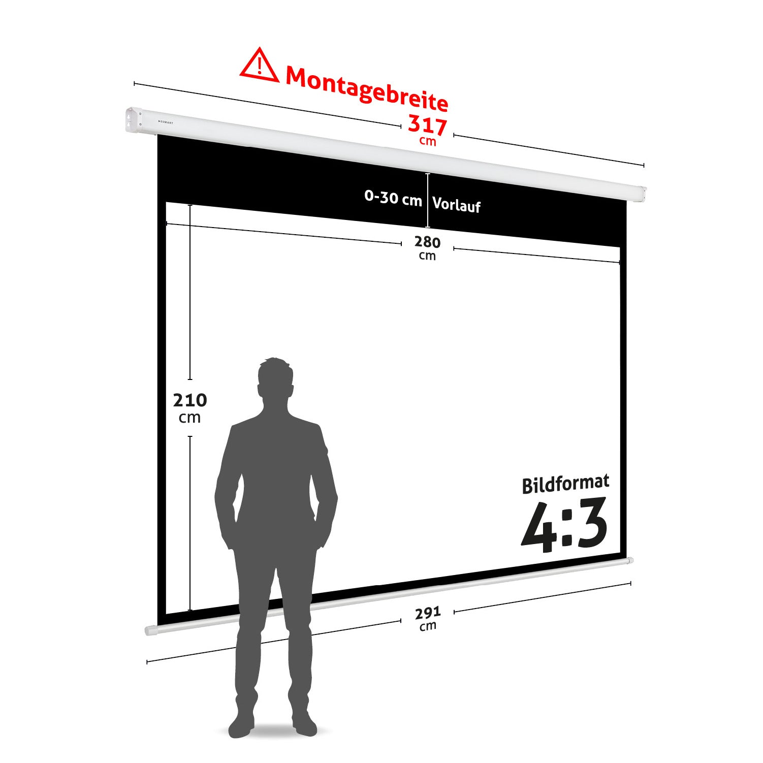 Eine Projektionsleinwand mit Abmessungen und einer Personensilhouette wird gezeigt. Der Bildschirm hat das Format 4:3.