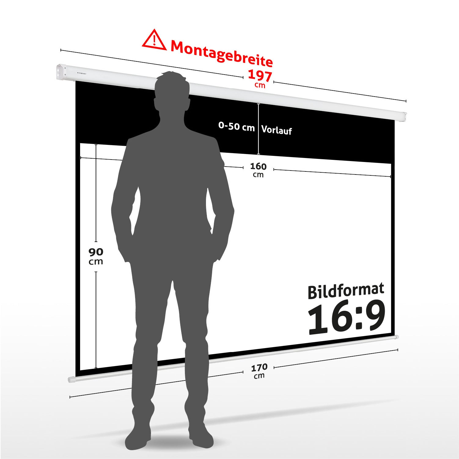 Eine Männersilhouette steht vor einer Projektionsleinwand mit Maßen und Format 16:9. Texte auf Deutsch sind sichtbar.