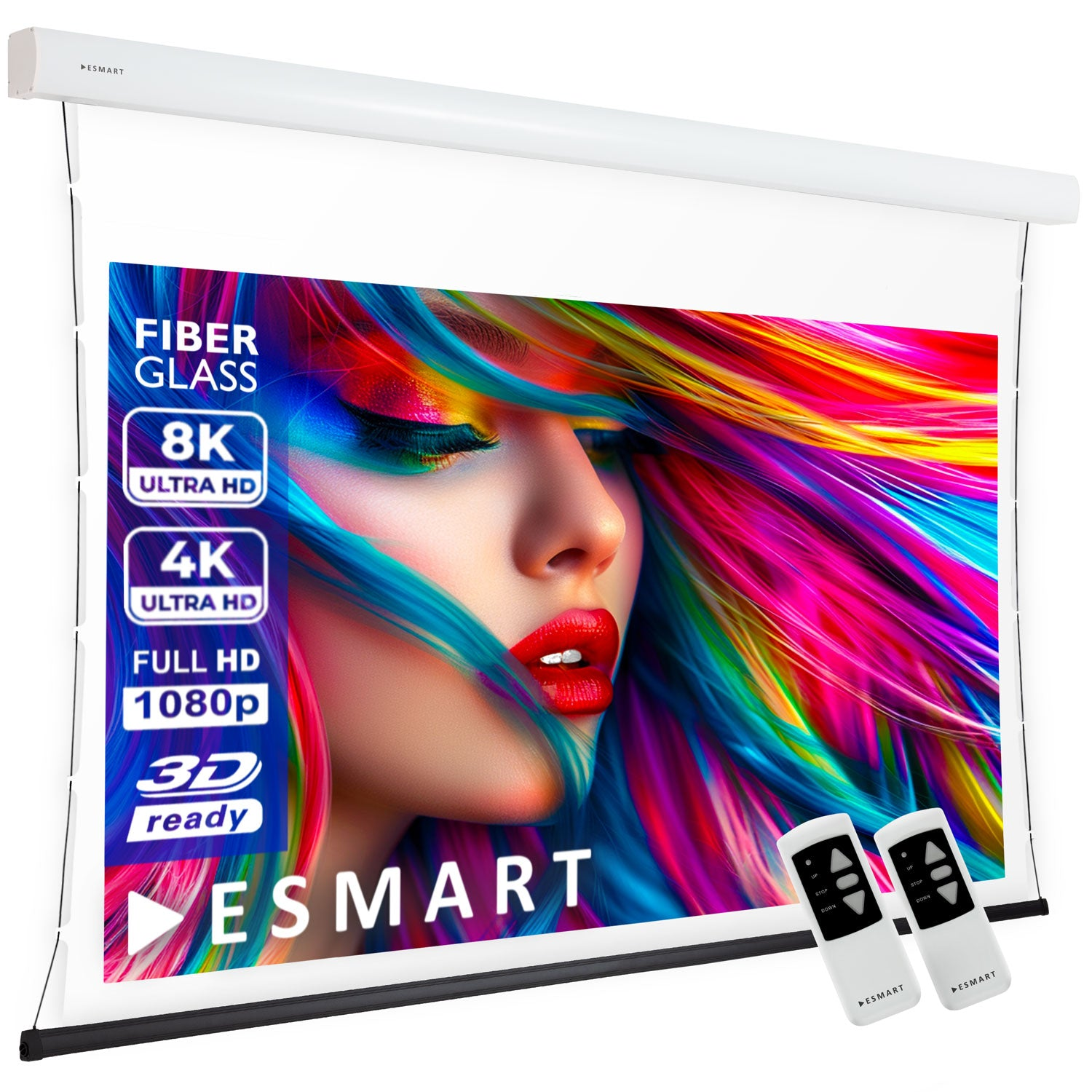 Eine weiße Projektorleinwand mit einem farbenfrohen Bild einer Frau mit roten Lippen und Regenbogenhaar, zwei Fernbedienungen und dem Markennamen ESMART.