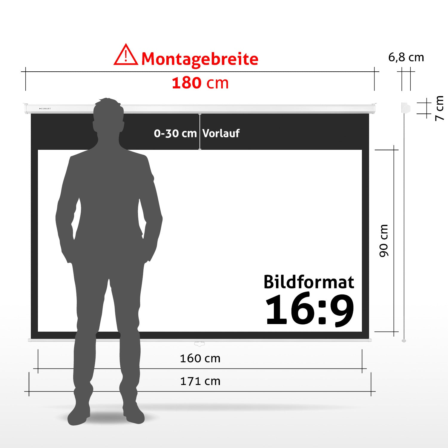 Ein Mann steht vor einer Projektorleinwand. Maße sind angegeben, mit 'Montagebreite' 180 cm und 'Bildformat' 16:9.