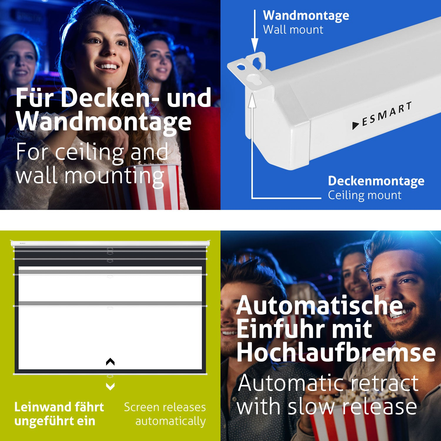 Eine Kinoszene mit Menschen, Text über Wand- und Deckenmontage, eine Projektorkomponente und Text über automatischen Einzug.