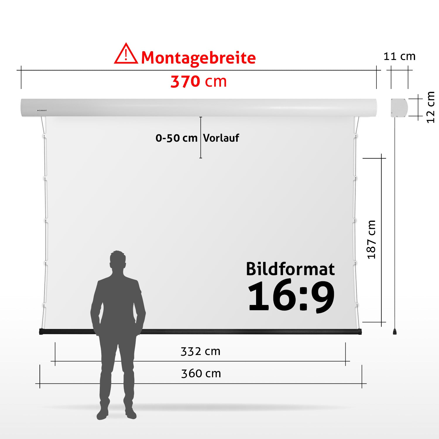 Eine Projektionsleinwand mit Maßen und einer Personensilhouette davor. Anmerkungen zeigen Größen- und Formatdetails.