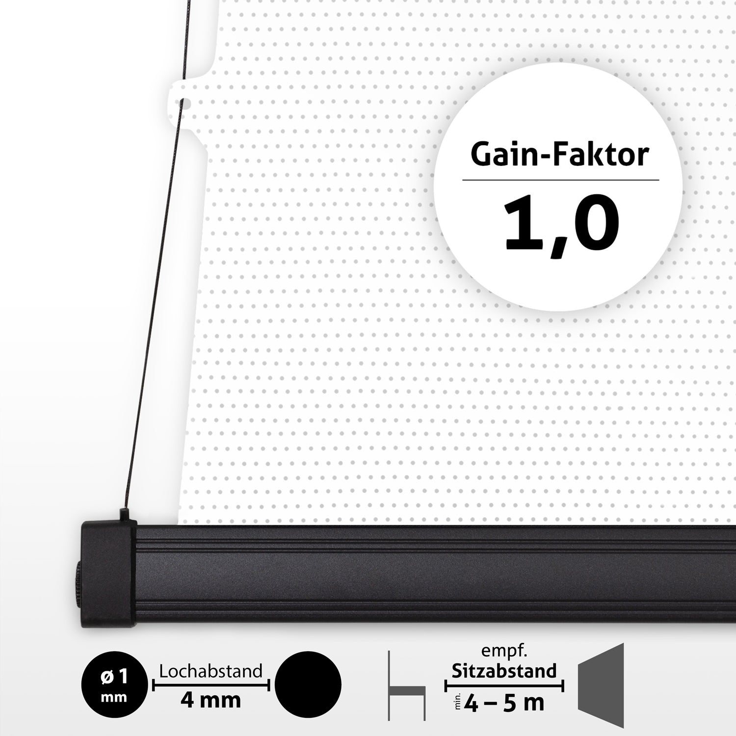 Das Bild zeigt eine weiße Leinwand mit grauen Punkten, einen schwarzen Balken und Gain-Faktor 1,0. Es zeigt auch Lochabstand 4 mm und Sitzabstand 4-5 m.