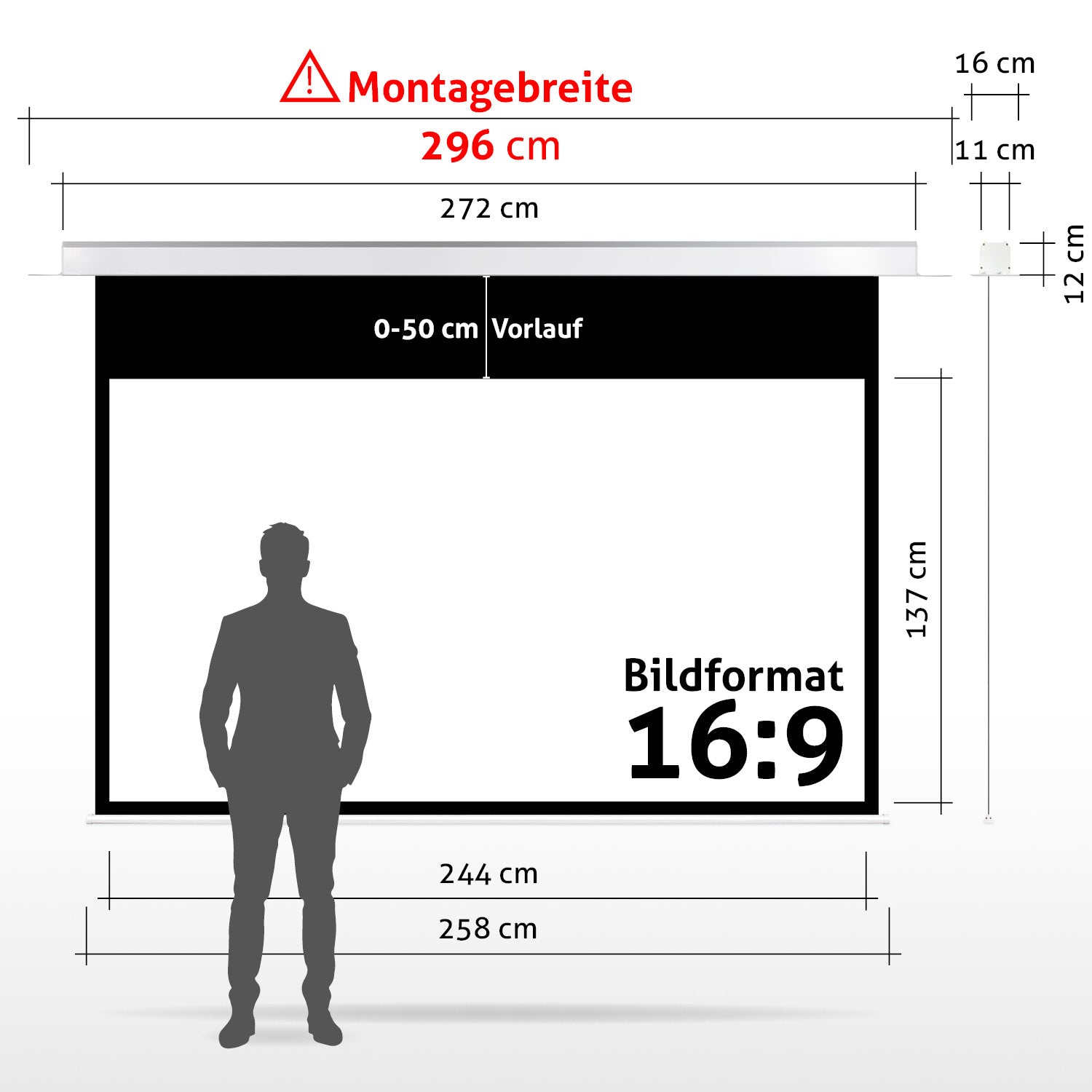 Diagramm eines Bildschirms mit Abmessungen und Seitenverhältnis. Eine Silhouette einer Person steht davor.