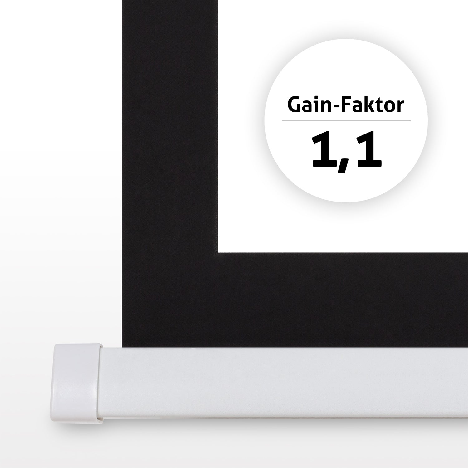 Ein weißer Bildschirm mit schwarzem Rand. Unten befindet sich ein weißer Zylinder. Ein weißer Kreis sagt 'Gain-Faktor 1,1'.