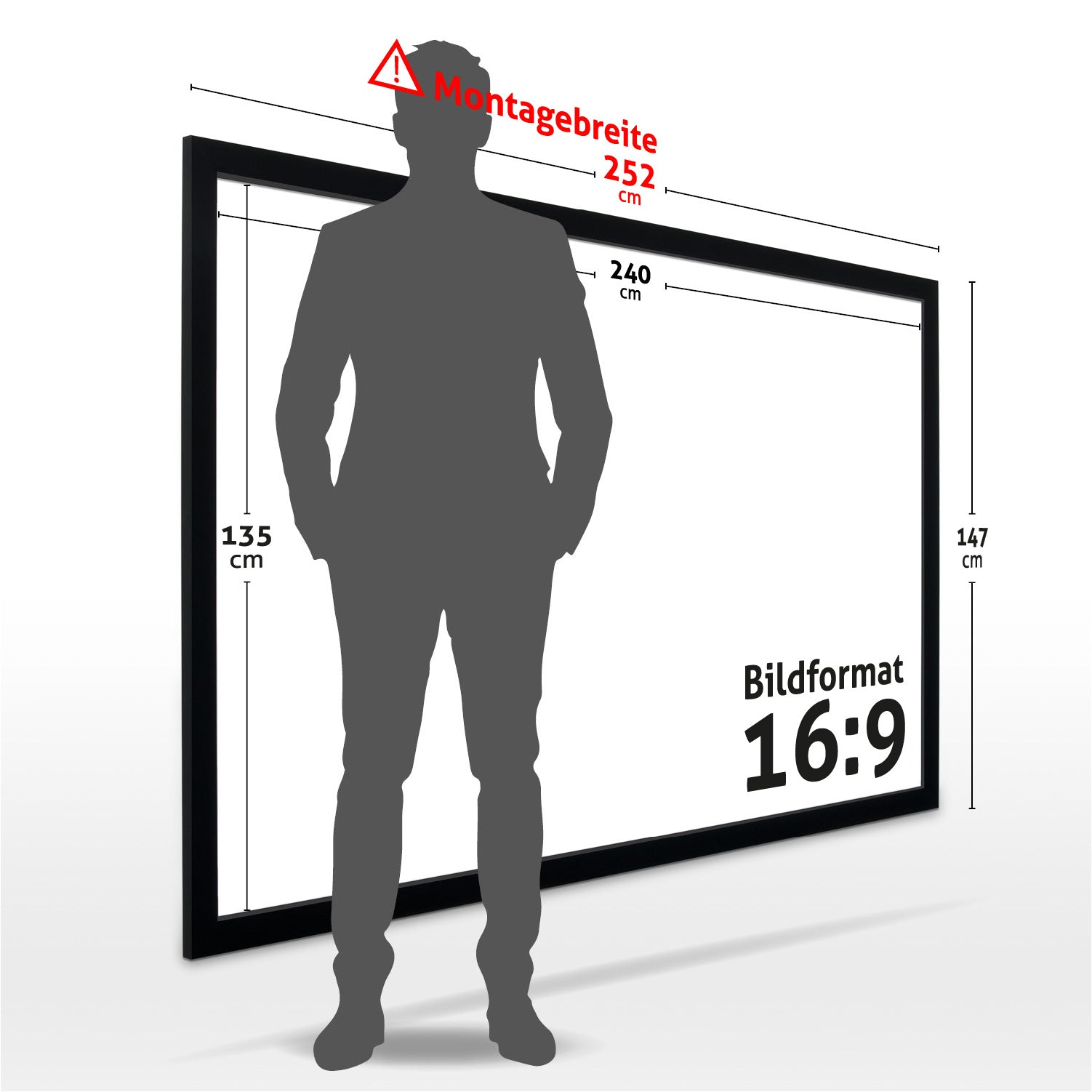 Eine Männersilhouette steht vor einem schwarz gerahmten Bildschirm. Der Bildschirm ist mit Abmessungen und Seitenverhältnis 16:9 beschriftet.