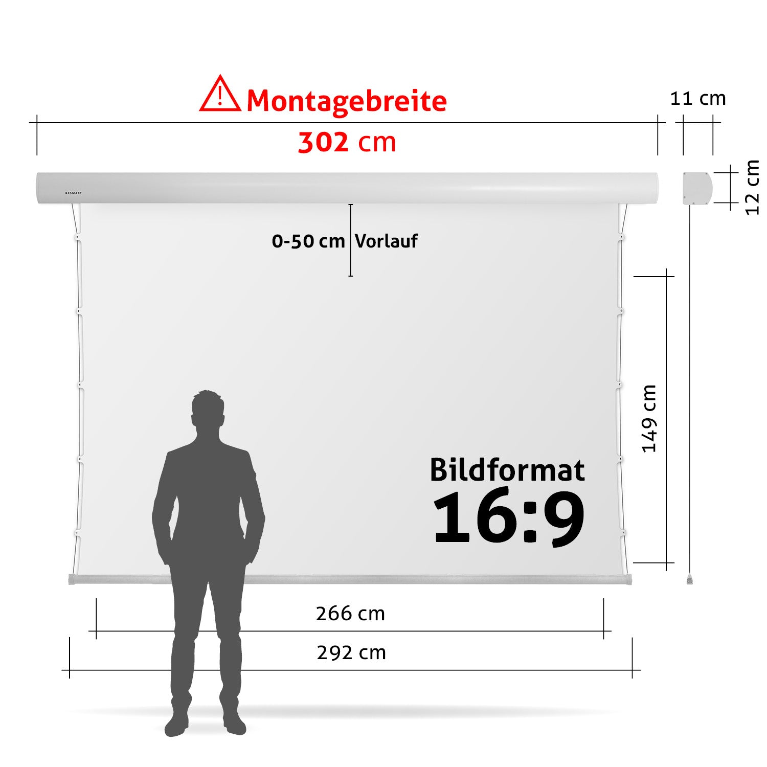 Eine Projektorleinwand mit einer Männersilhouette davor. Maße werden in cm angezeigt. Format ist 16:9.