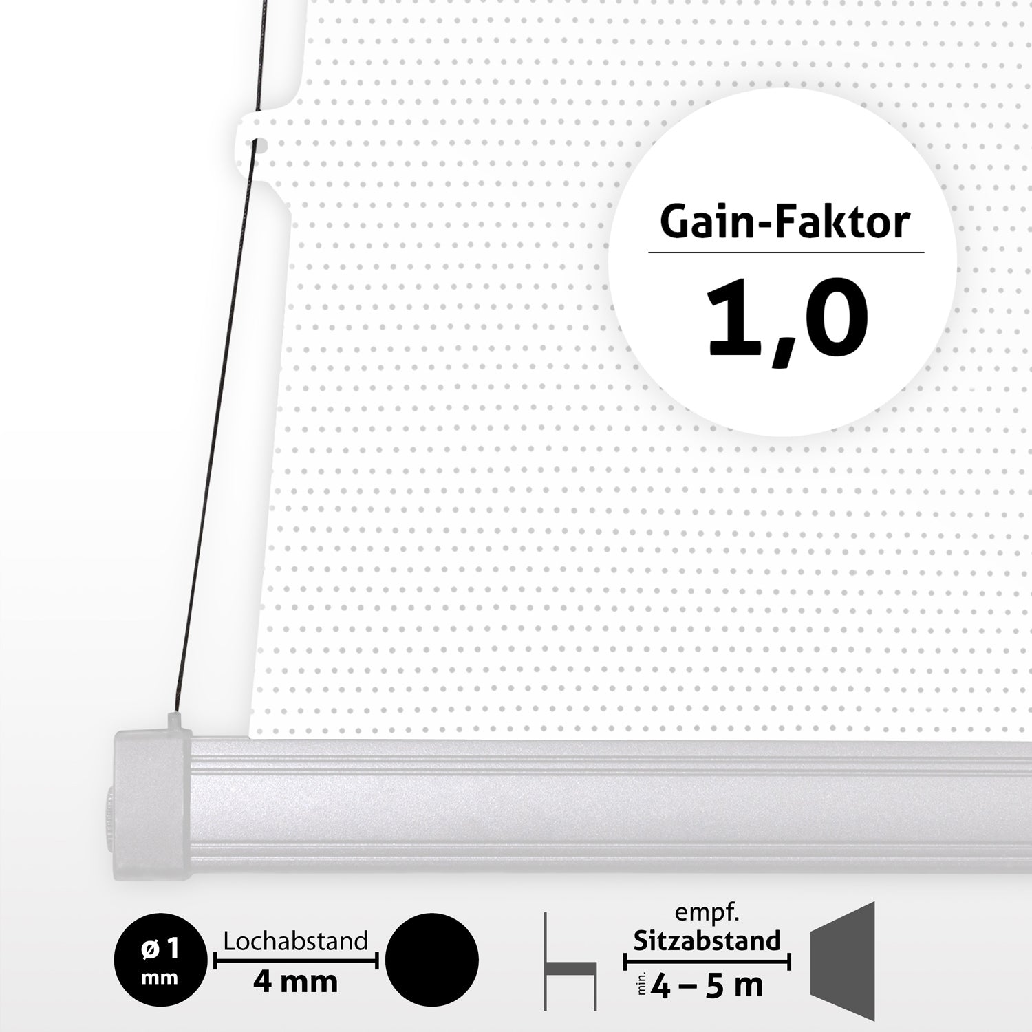 Nahaufnahme eines weißen Bildschirms mit gleichmäßig verteilten Punkten. Ein Kreis zeigt 'Gain-Faktor 1,0'. Darunter Diagramme mit Messungen.