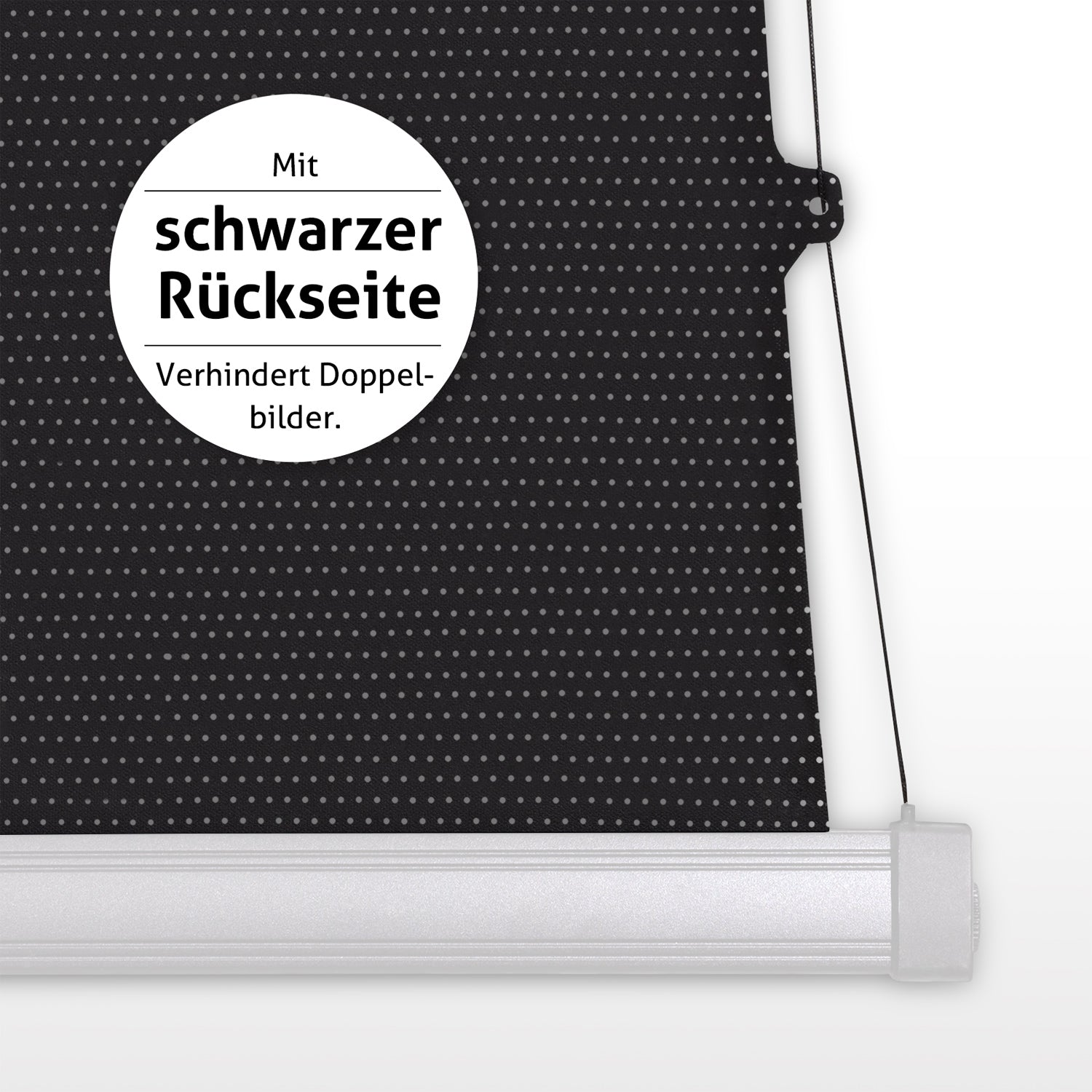 Nahaufnahme eines schwarzen perforierten Schattens mit weißem Rahmen. Ein weißer Kreis mit deutschem Text befindet sich auf dem Schatten.