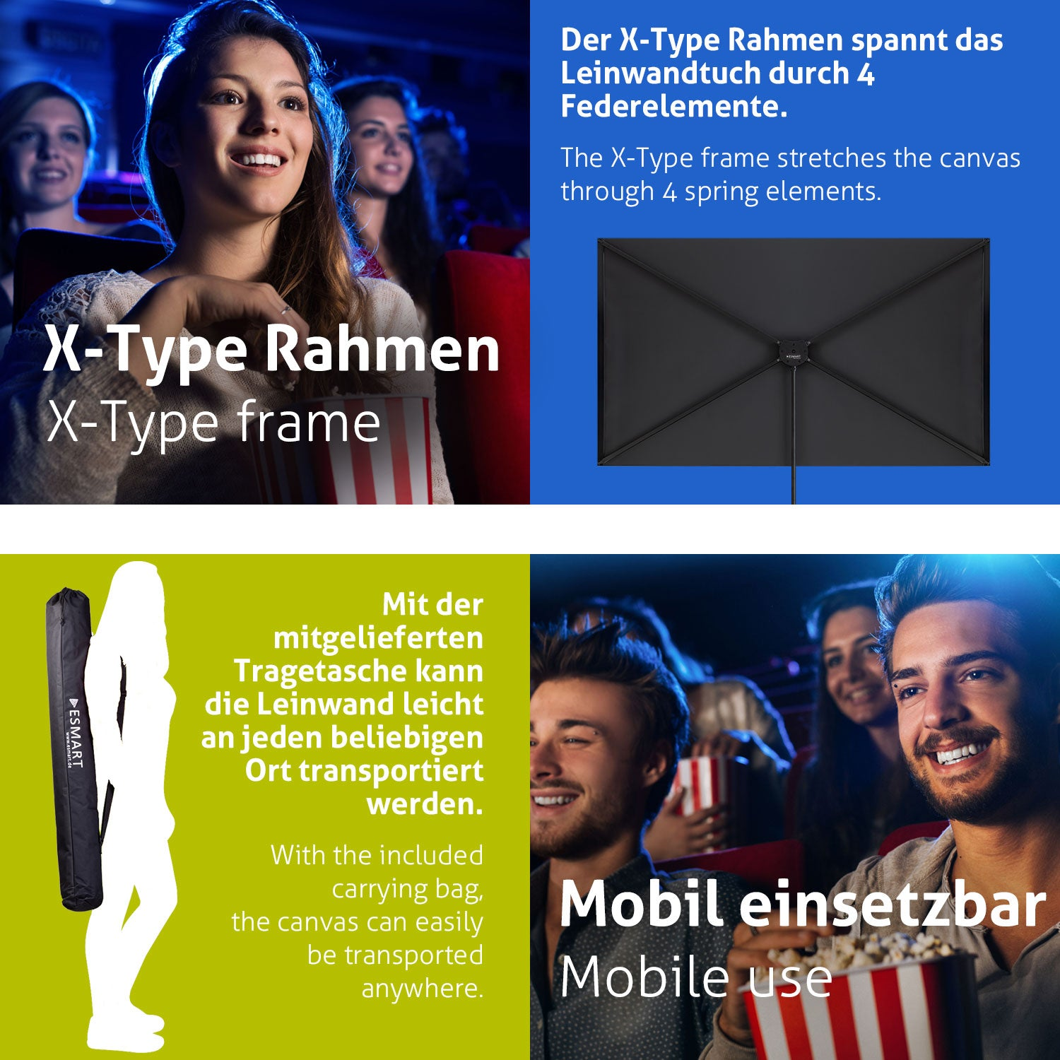Menschen in einem Kino sehen einen Film und halten Popcorn. Produktbilder zeigen einen Rahmen, eine Tragetasche und Text zur mobilen Nutzung.