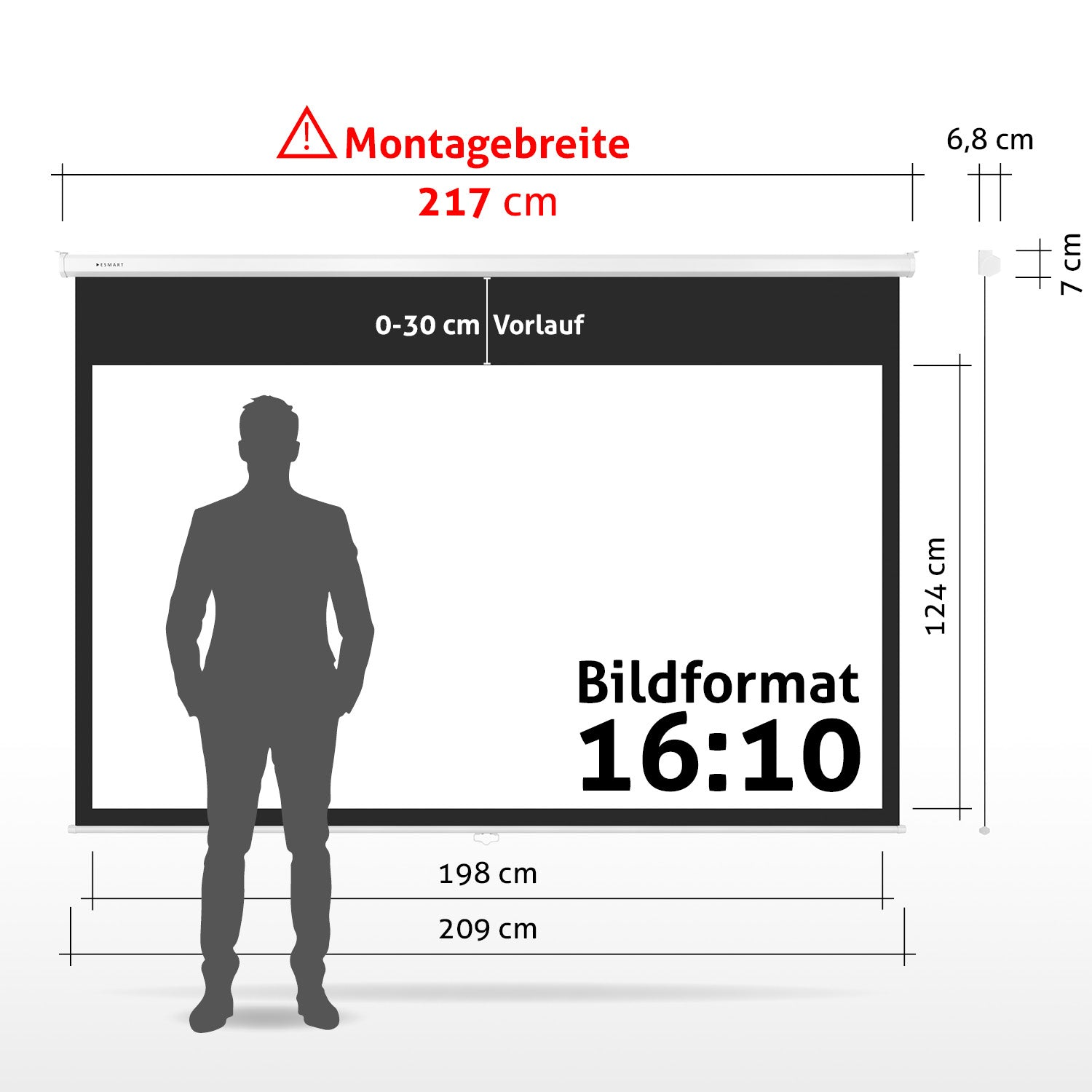 Ein Mann steht vor einer Projektorleinwand mit Maßangaben. Text enthält 'Montagebreite 217 cm' und 'Bildformat 16:10'.