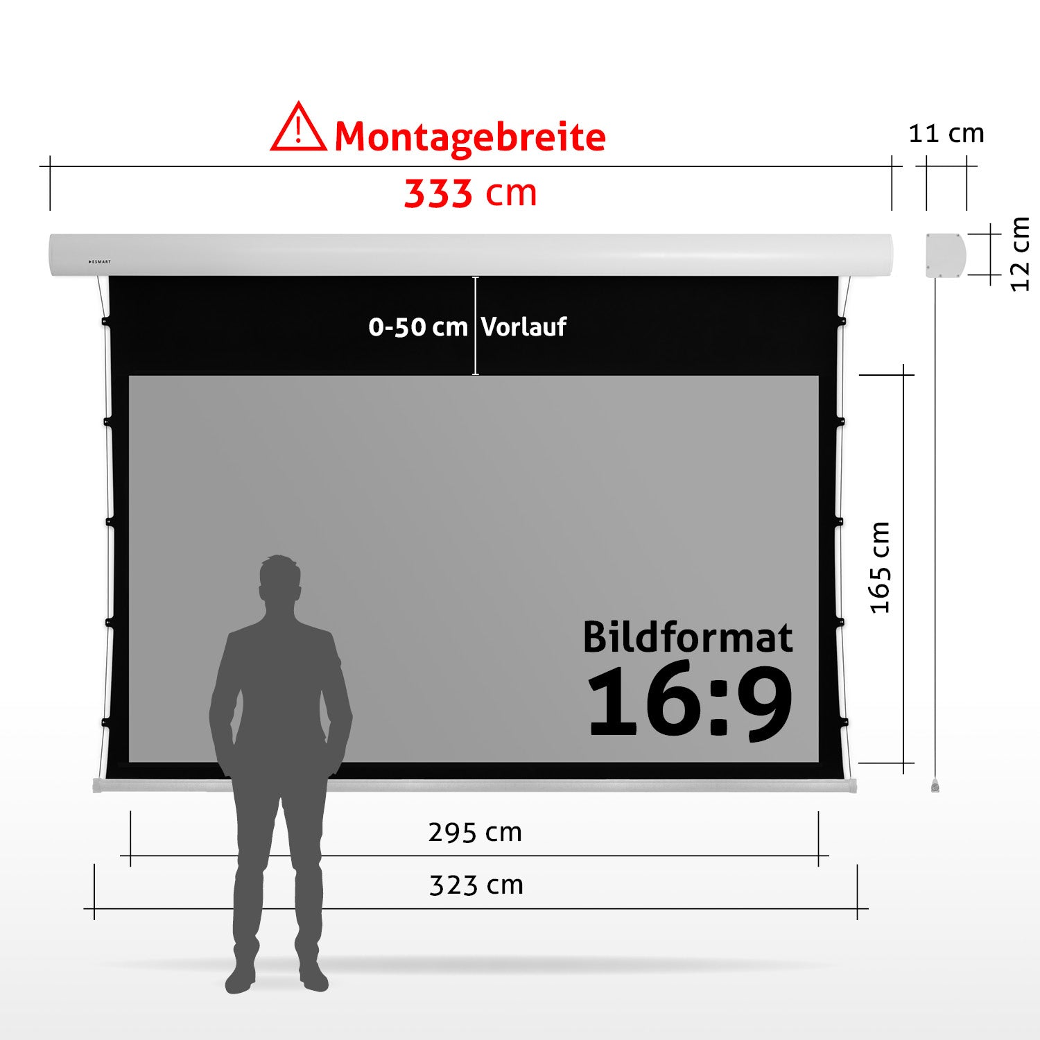 Eine Projektorleinwand mit Abmessungen. Enthält Maße in cm, ein Warnschild und eine Personensilhouette.