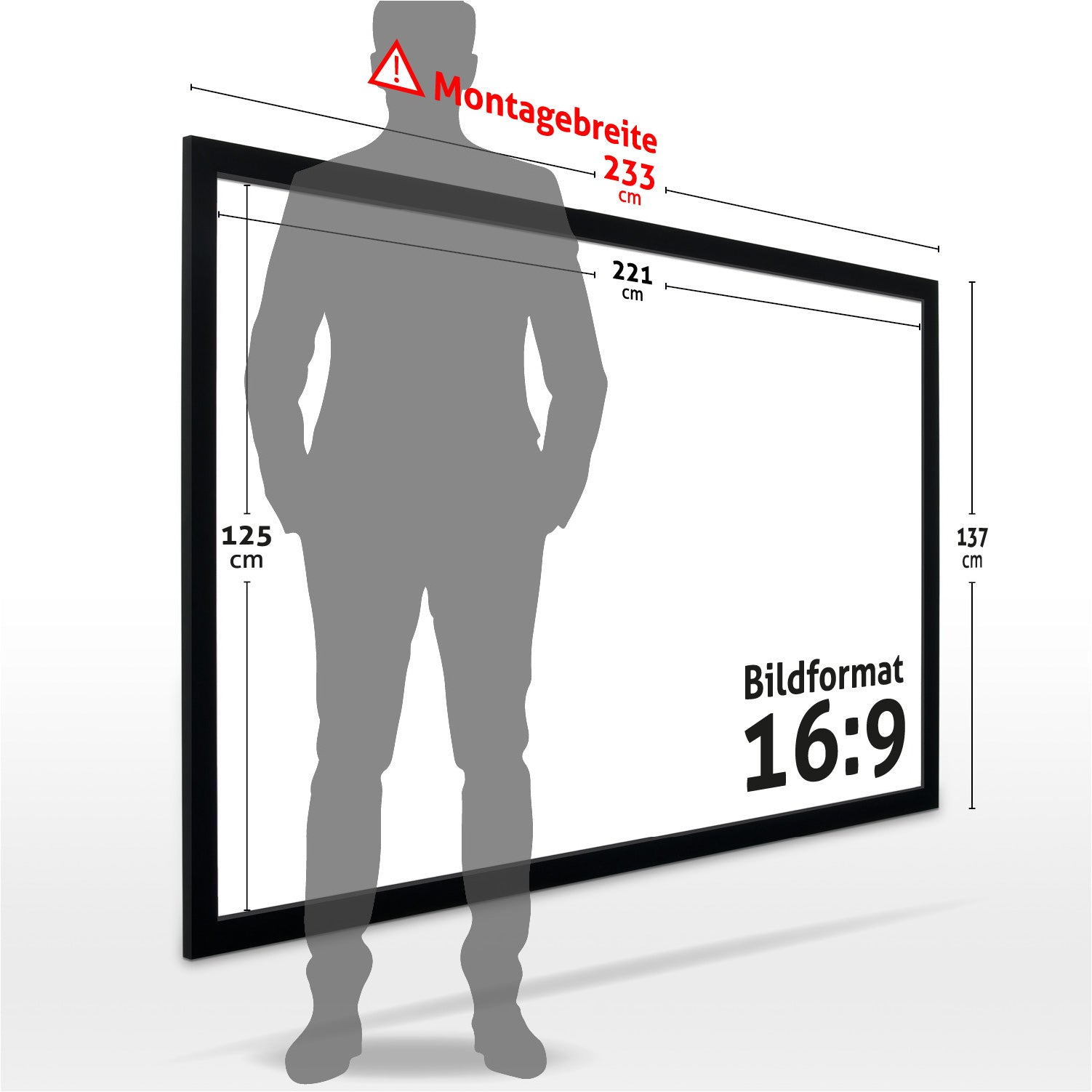 Eine personenförmige Silhouette steht vor einer schwarz gerahmten Leinwand. Maße sind markiert: 233cm, 221cm, 125cm, 137cm. Text: 16:9.