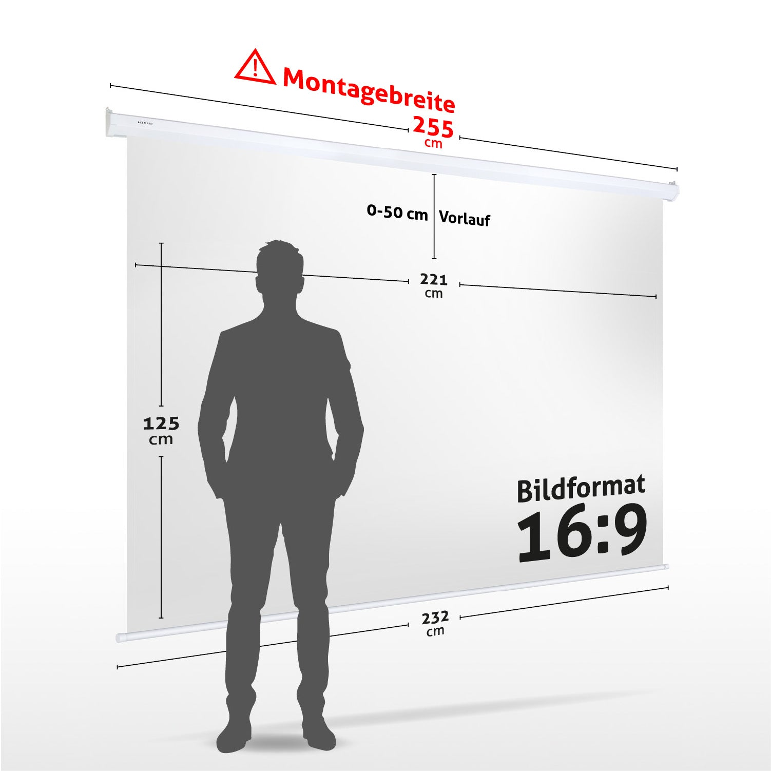 Ein Mann steht vor einer Leinwand mit Abmessungen und Text auf Deutsch. Das Seitenverhältnis beträgt 16:9.