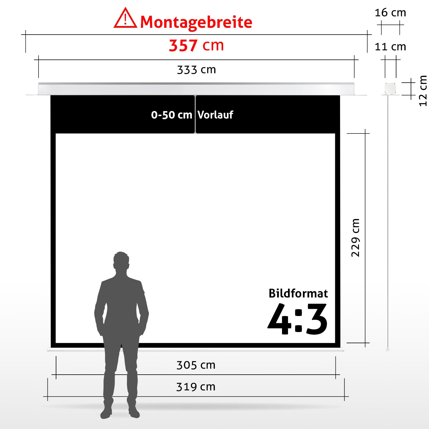 Diagramm eines Bildschirms mit Abmessungen und einer Personensilhouette, 'Montagebreite' 357cm, 'Bildformat' 4:3.