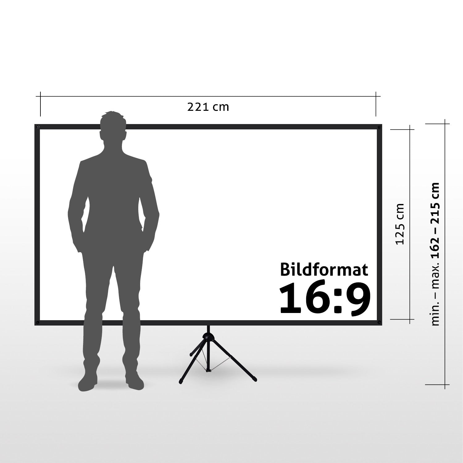 Ein Mann steht vor einer Projektionsleinwand. Der Bildschirm ist mit 16:9 beschriftet und hat Abmessungen. Maße sind 221 cm, 125 cm und 162-215 cm.