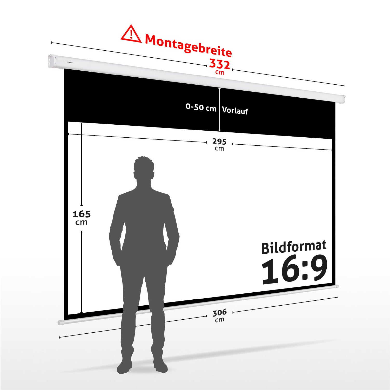 Eine Projektionsleinwand mit Maßen und einer Personensilhouette davor. Der Bildschirm hat in cm beschriftete Abmessungen. Es ist ein 16:9 Format.