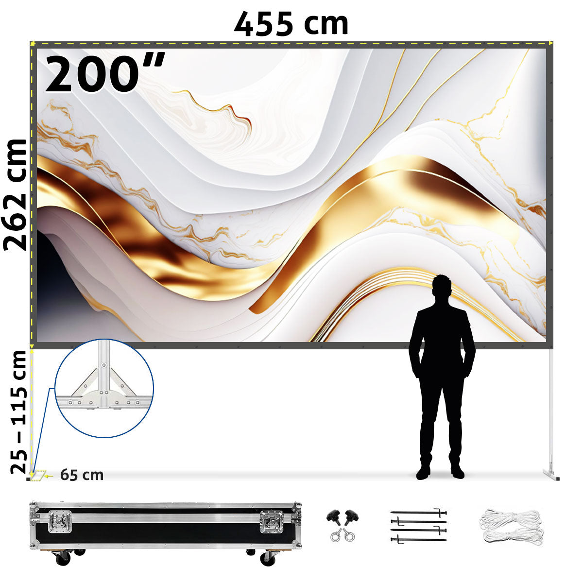 Ein großer weißer Bildschirm mit goldenen Akzenten, eine menschliche Silhouette und diverses Zubehör. Abmessungen sind angegeben.