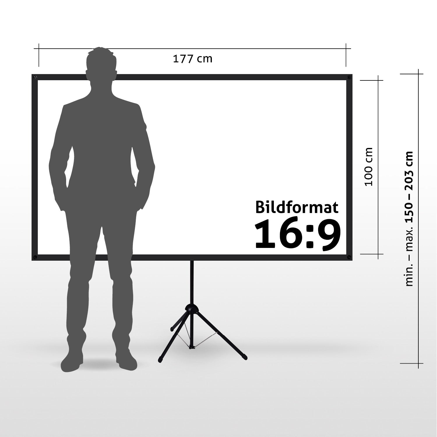 Ein Mann steht vor einer Leinwand. Sie hat das Format 16:9 mit Abmessungen. Text zeigt die Bildschirmgröße und den Höhenbereich.
