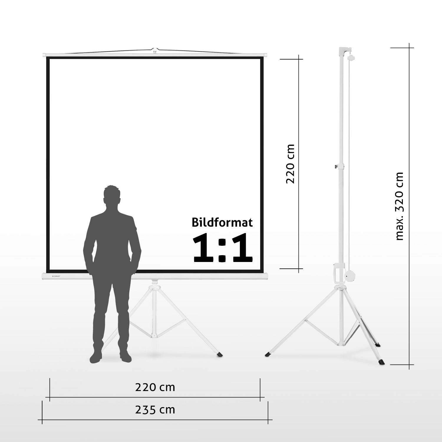 Eine Projektionsleinwand im Format 1:1, eine Personensilhouette und Maße. Der Bildschirm steht auf einem Stativ und einem weiteren Ständer.