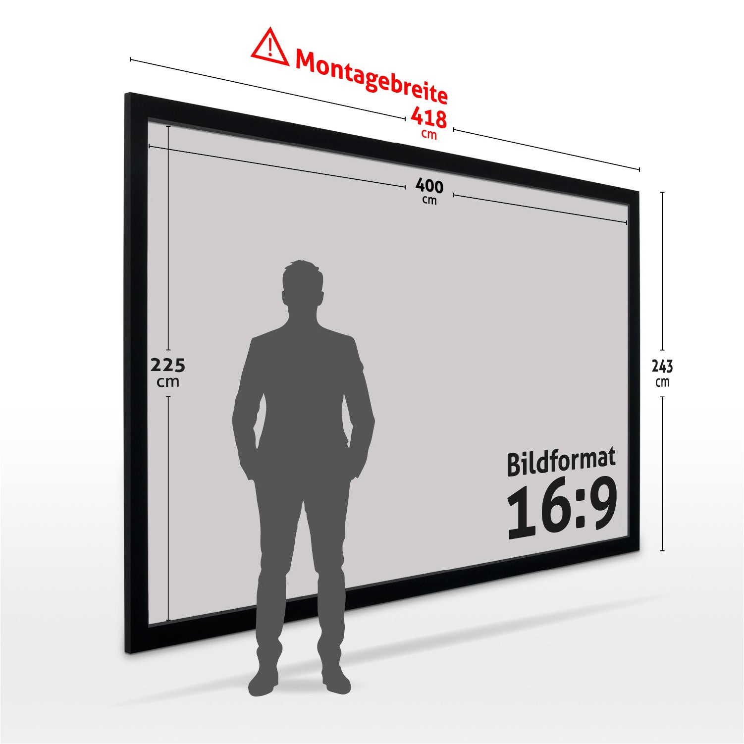 Eine Person steht vor einer großen Leinwand mit Abmessungen und Formatdetails. Der Bildschirm hat einen schwarzen Rahmen.