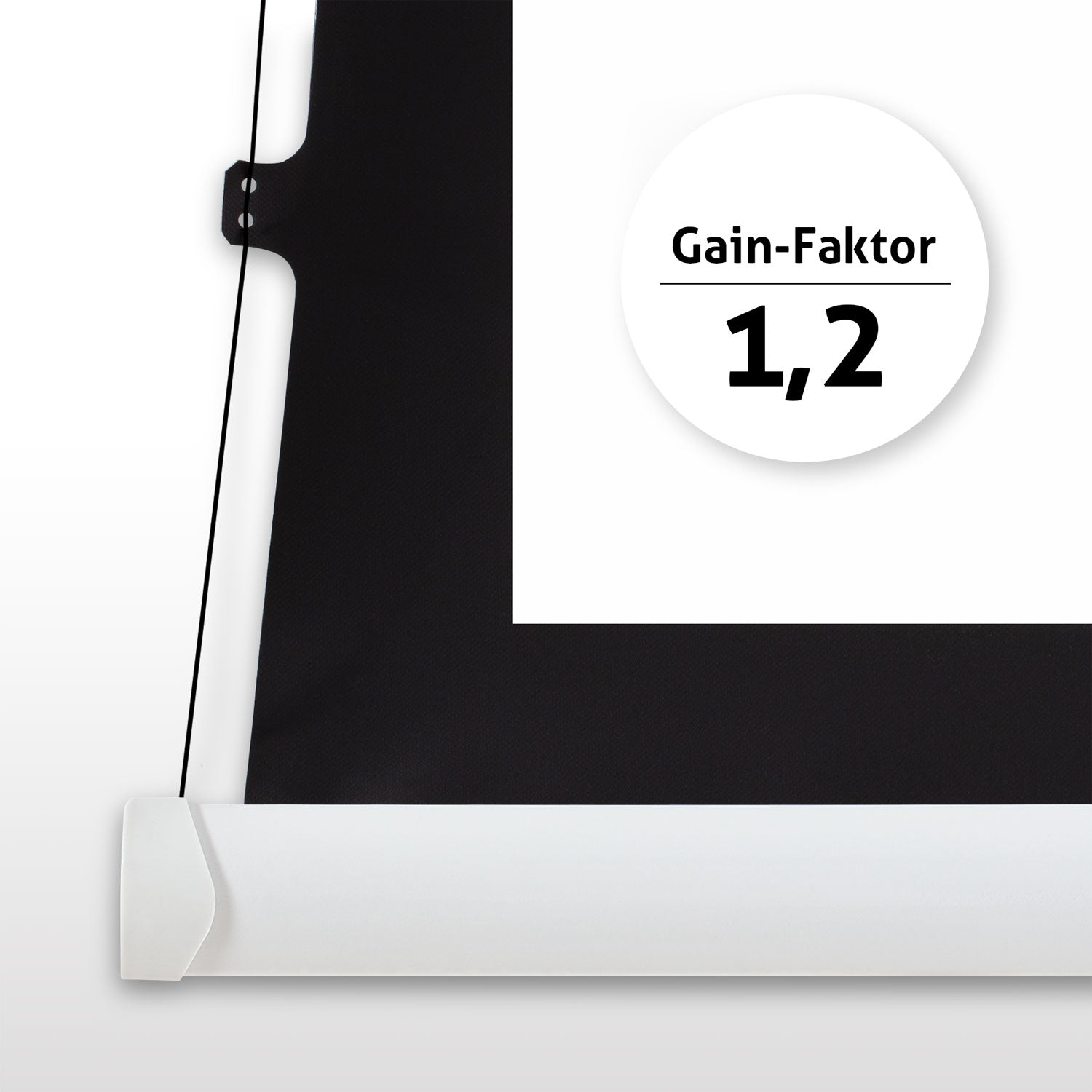 Eine weiße Leinwand mit schwarzem Rand und weißem Boden. Ein Kreis zeigt 'Gain-Faktor 1,2'.