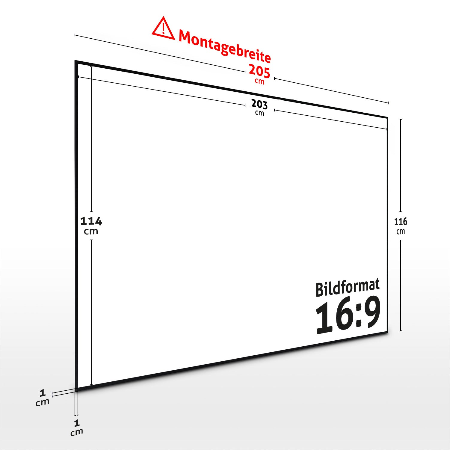 Diagramm eines Bildschirms mit Abmessungen in cm. Es hat ein 16:9-Seitenverhältnis. Text: Montagebreite, Bildformat.