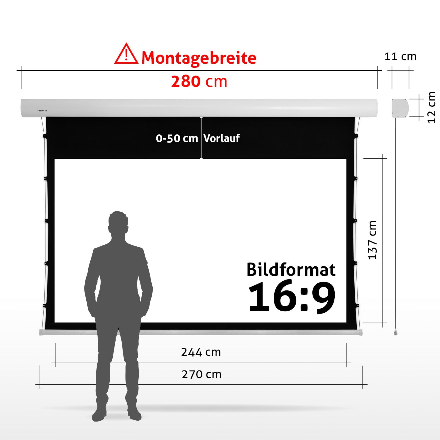 Eine Projektorleinwand mit Maßen. Eine Personensilhouette steht davor. Maße sind in Zentimetern angegeben.