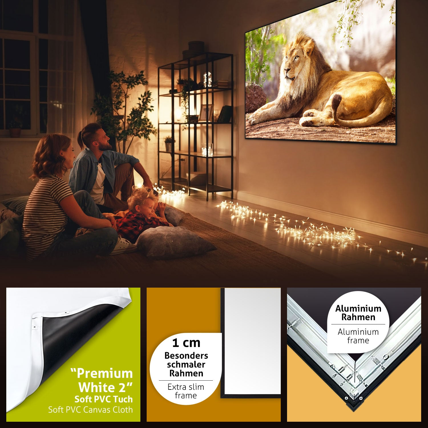 Familie schaut sich ein Löwenbild auf einer großen Leinwand an. Der Bildschirm ist von einem Aluminiumrahmen umrahmt. Der Raum hat Umgebungslicht.