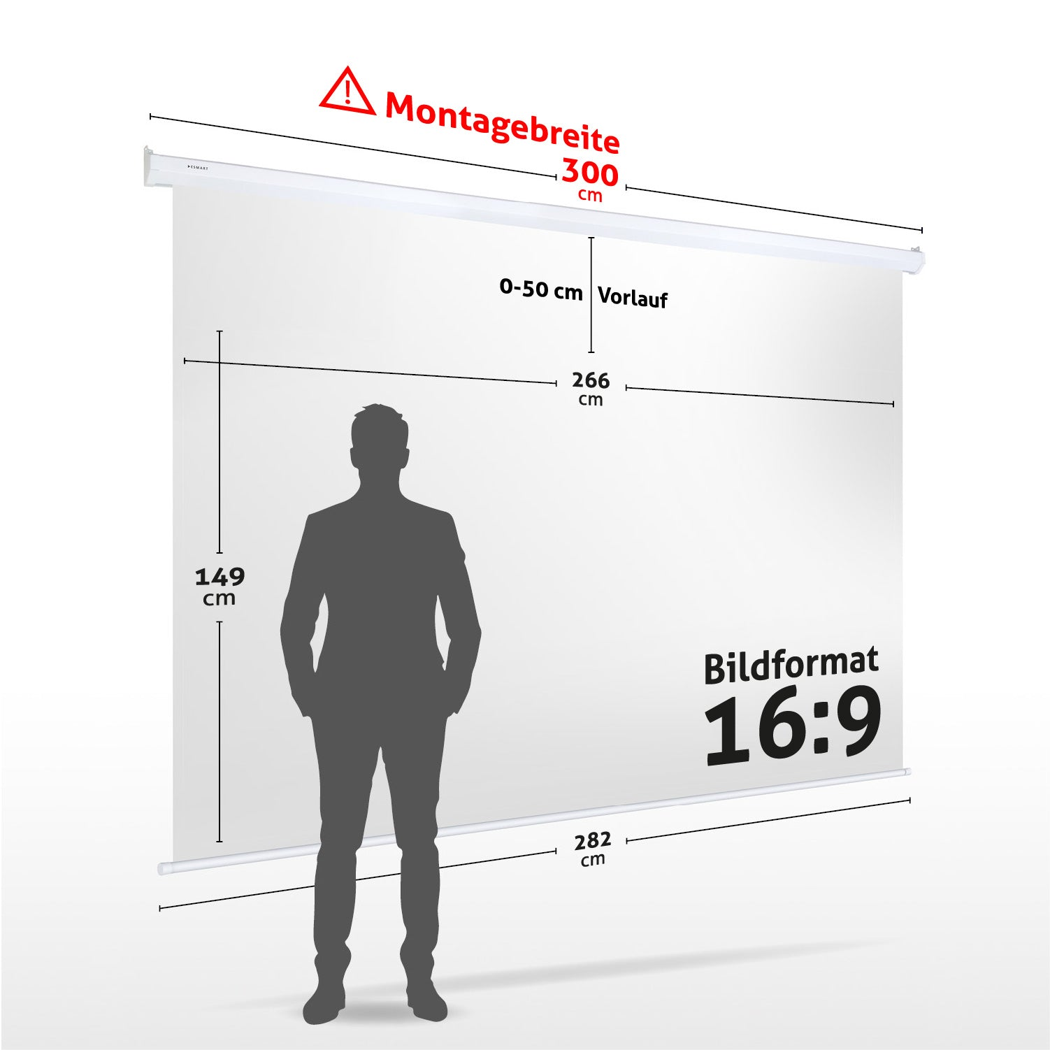 Eine Männersilhouette steht vor einer Projektionsleinwand mit Abmessungen und Text auf Deutsch. Das Seitenverhältnis ist 16:9.