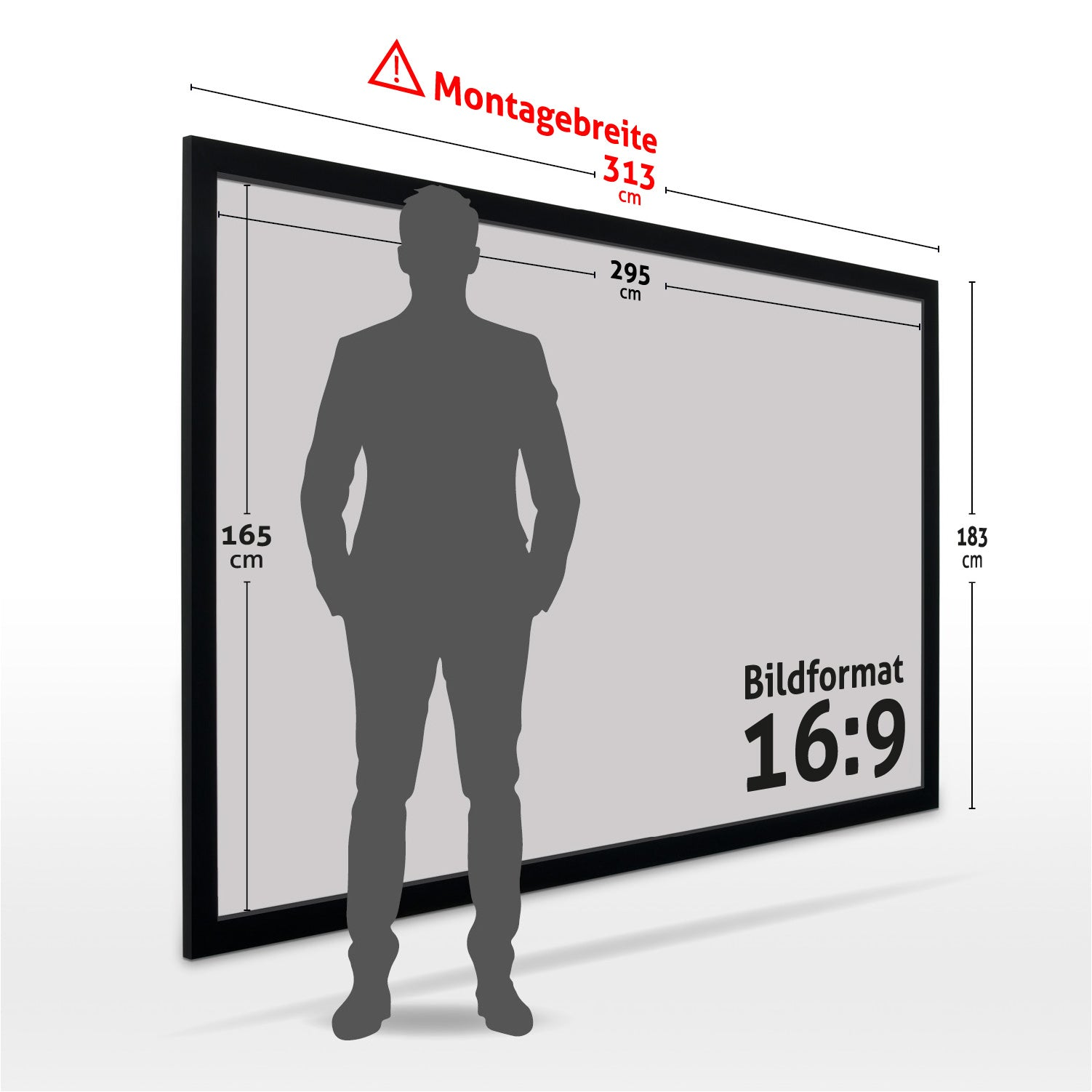 Ein Mann steht vor einer großen Leinwand, Maße markiert. Die Leinwand ist mit 16:9 beschriftet, mit Maßen in cm. Text auf Deutsch.