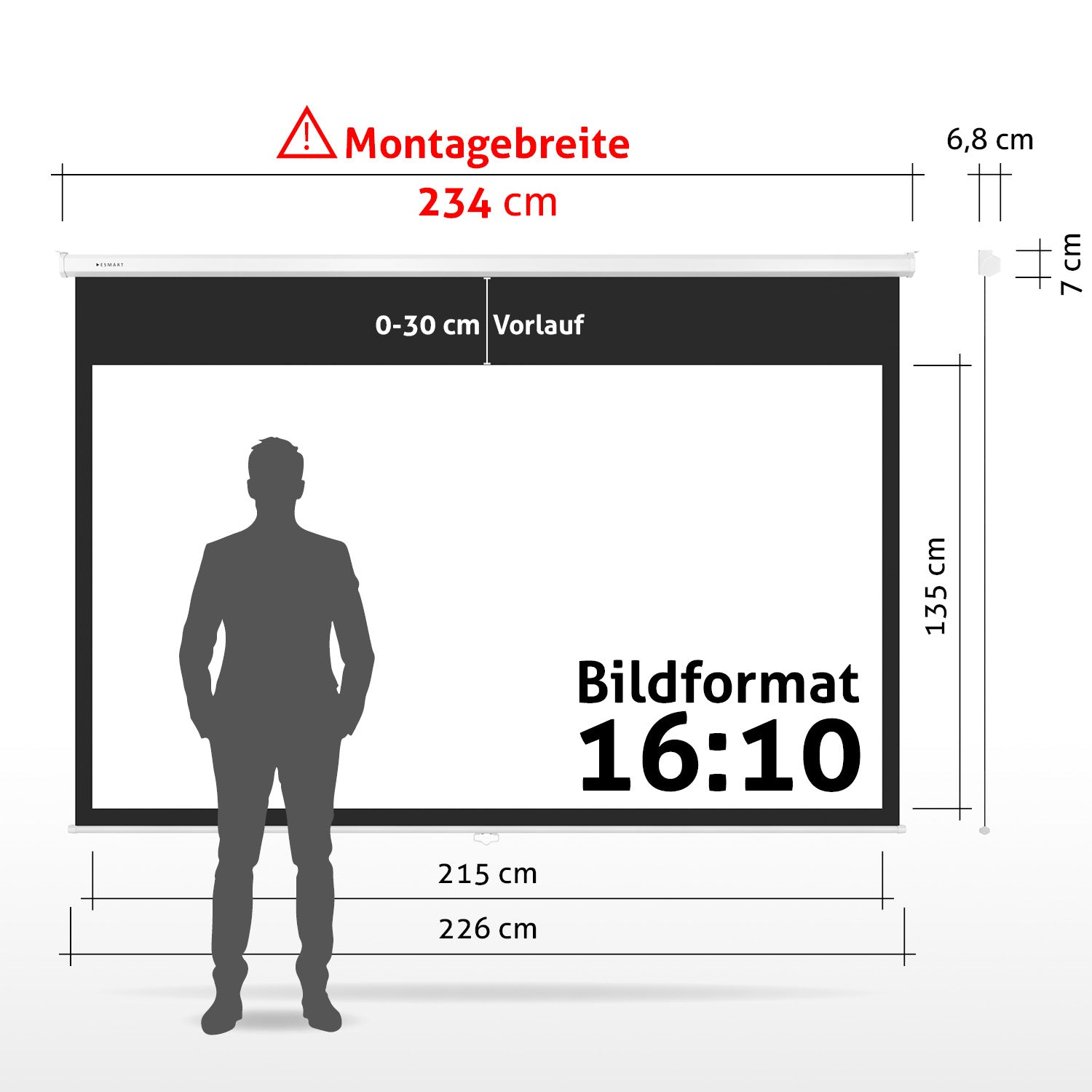 Ein Mann steht vor einer Projektorleinwand mit Abmessungen und Beschriftungen. Text enthält 'Montagebreite 234cm' und '16:10 Bildformat'.