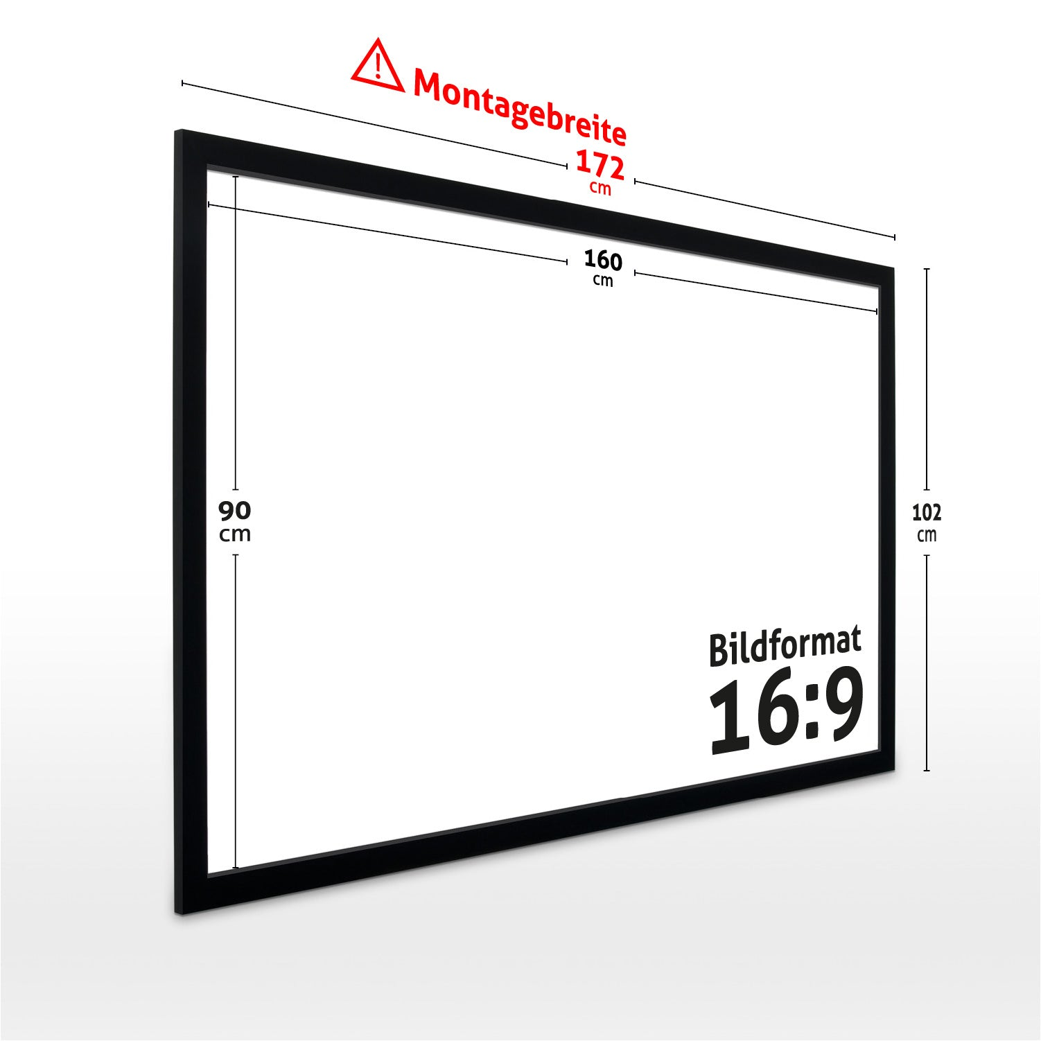 Ein schwarz gerahmtes Rechteck mit beschrifteten Abmessungen. Text: Montagebreite 172cm, 160cm, 90cm, 102cm und Bildformat 16:9.