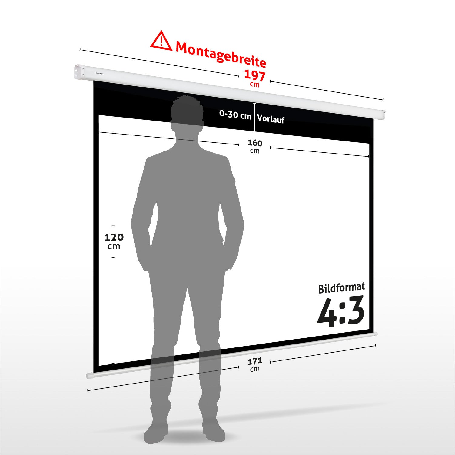 Eine Projektionsleinwand mit Maßen und einer Personensilhouette davor. Anmerkungen umfassen Breite, Höhe und Format (4:3).