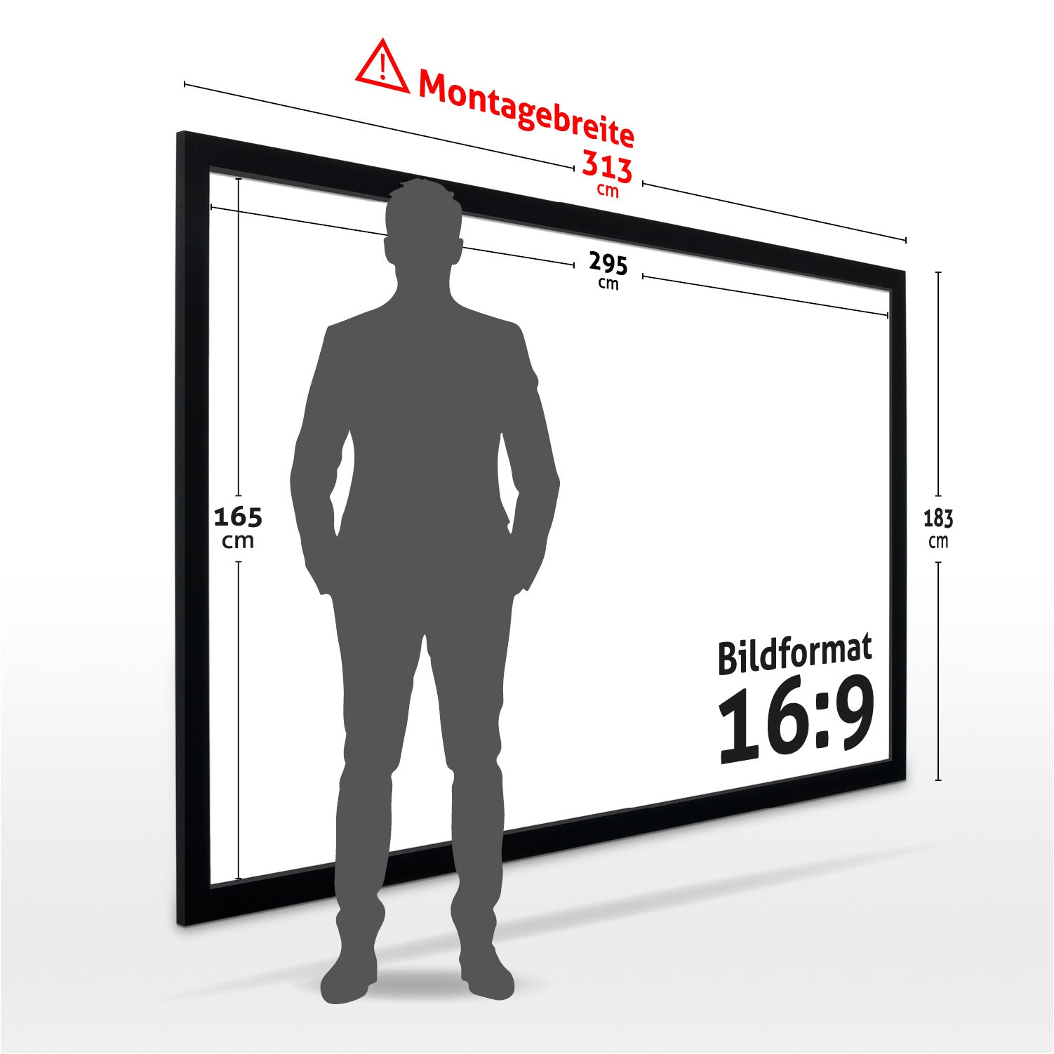 Ein Mann steht vor einem schwarz gerahmten Bildschirm. Maße sind 313x183cm. Das Seitenverhältnis beträgt 16:9.