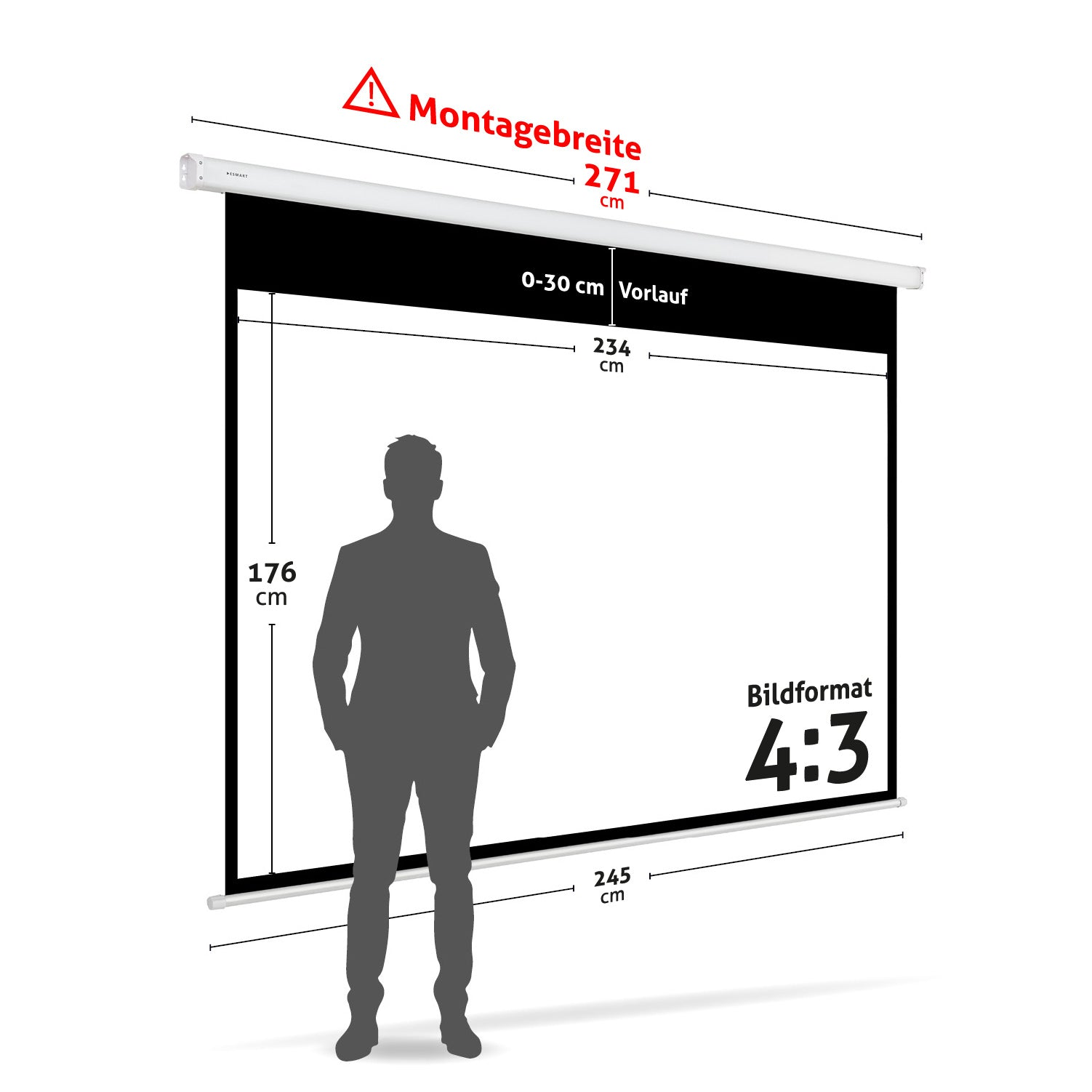 Eine Projektionsleinwand mit beschrifteten Abmessungen. Eine Silhouette einer Person steht vor der Leinwand. Text ist auf Deutsch.