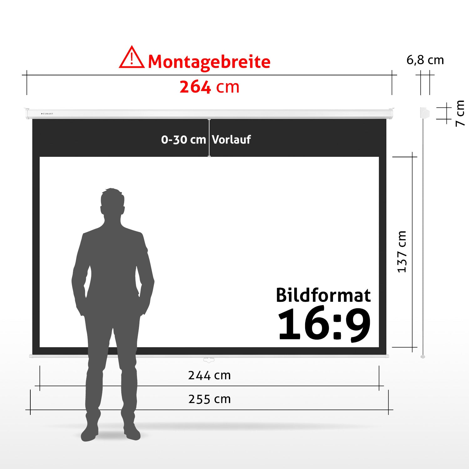 Ein Mann steht vor einer Projektionsleinwand mit Abmessungen und Beschriftungen auf Deutsch. Das Bildschirmformat ist 16:9.