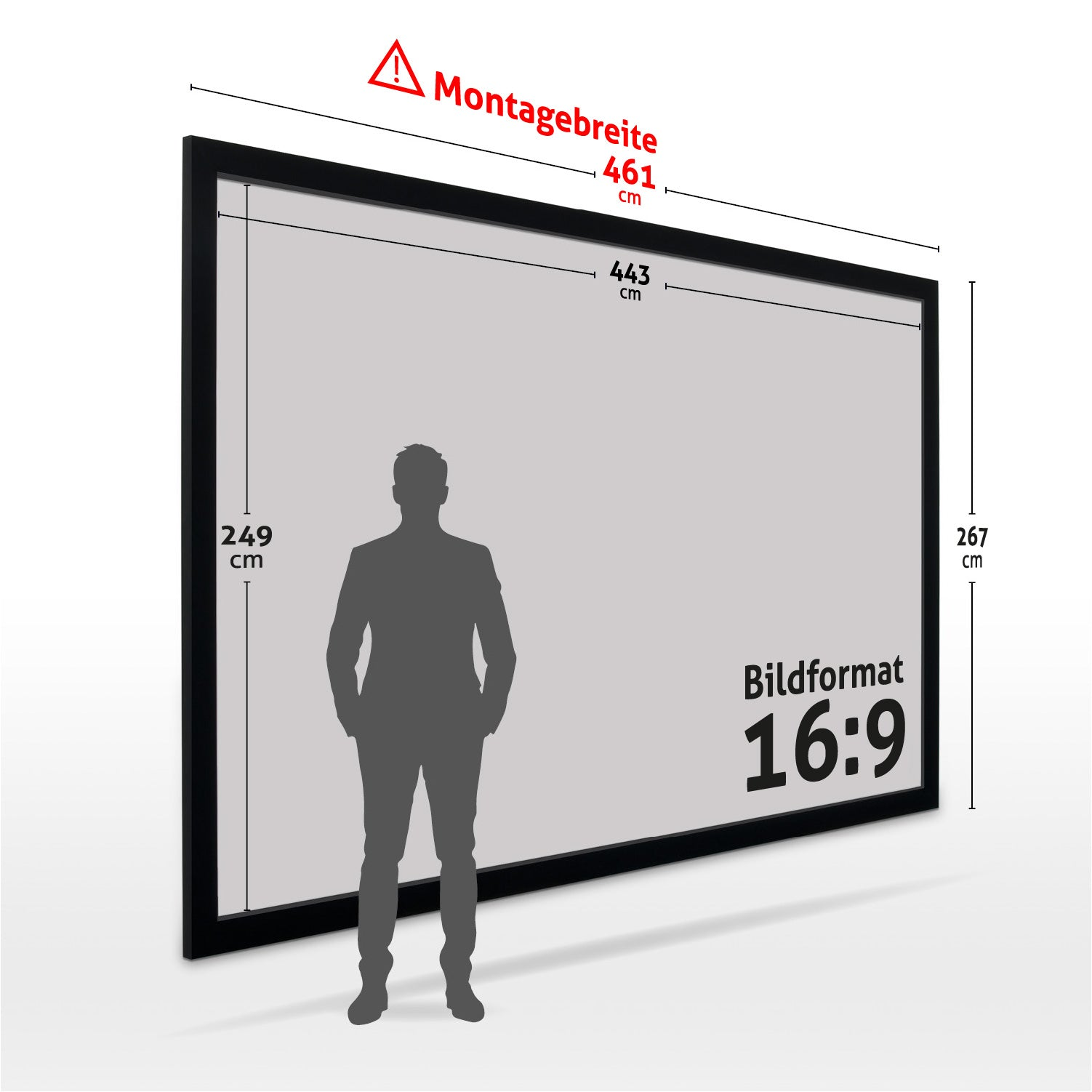 Ein großer, schwarz gerahmter Bildschirm mit angegebenen Abmessungen. Davor steht eine Silhouette einer Person. Das Seitenverhältnis ist 16:9.