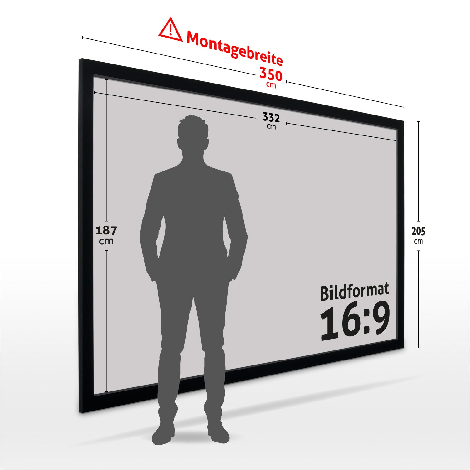 Große Leinwand mit schwarzem Rahmen. Human Silhouette steht davor. Abmessungen und Seitenverhältnis werden angezeigt.